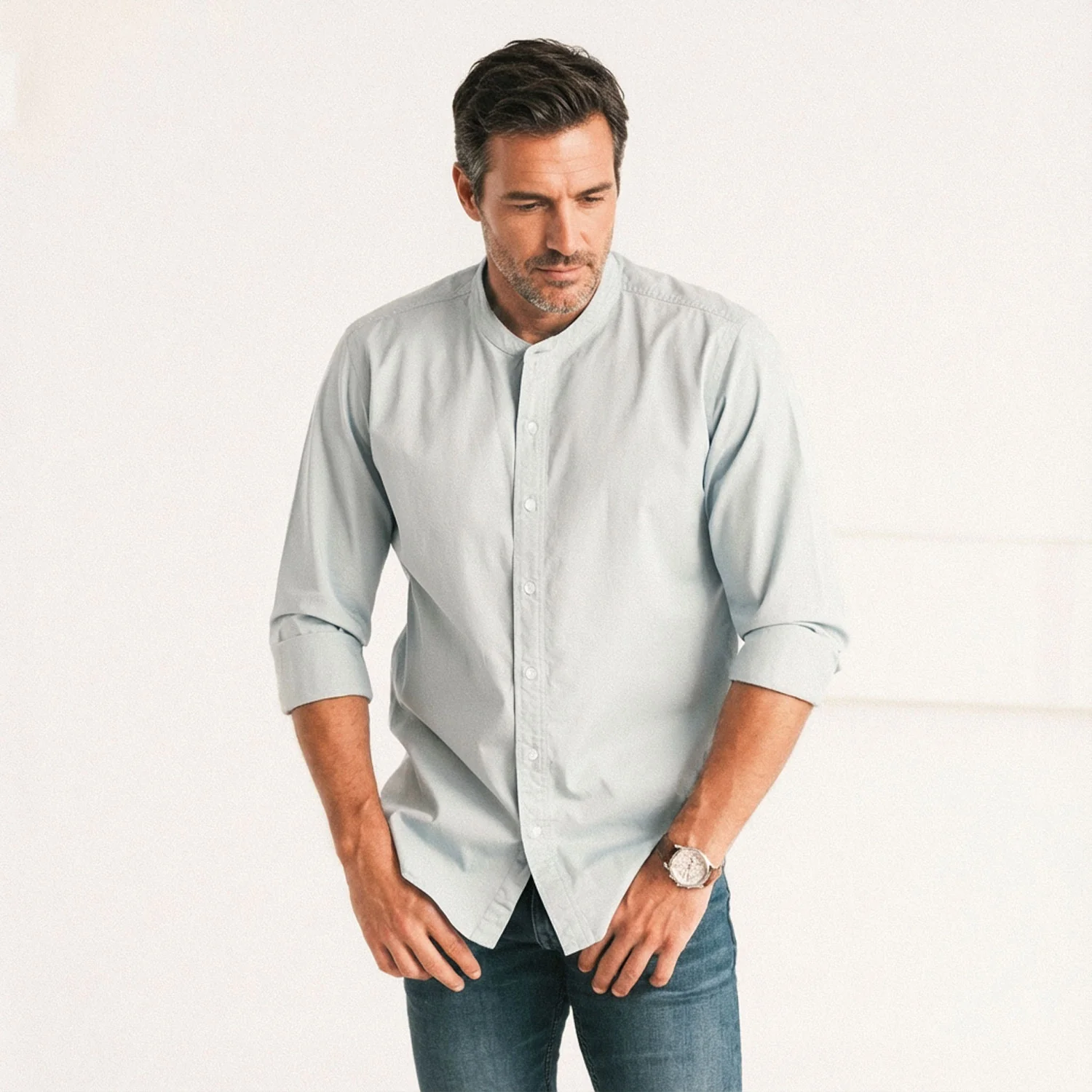 Essential Band Collar Button Down Shirt - Light Blue Twill - Image 5