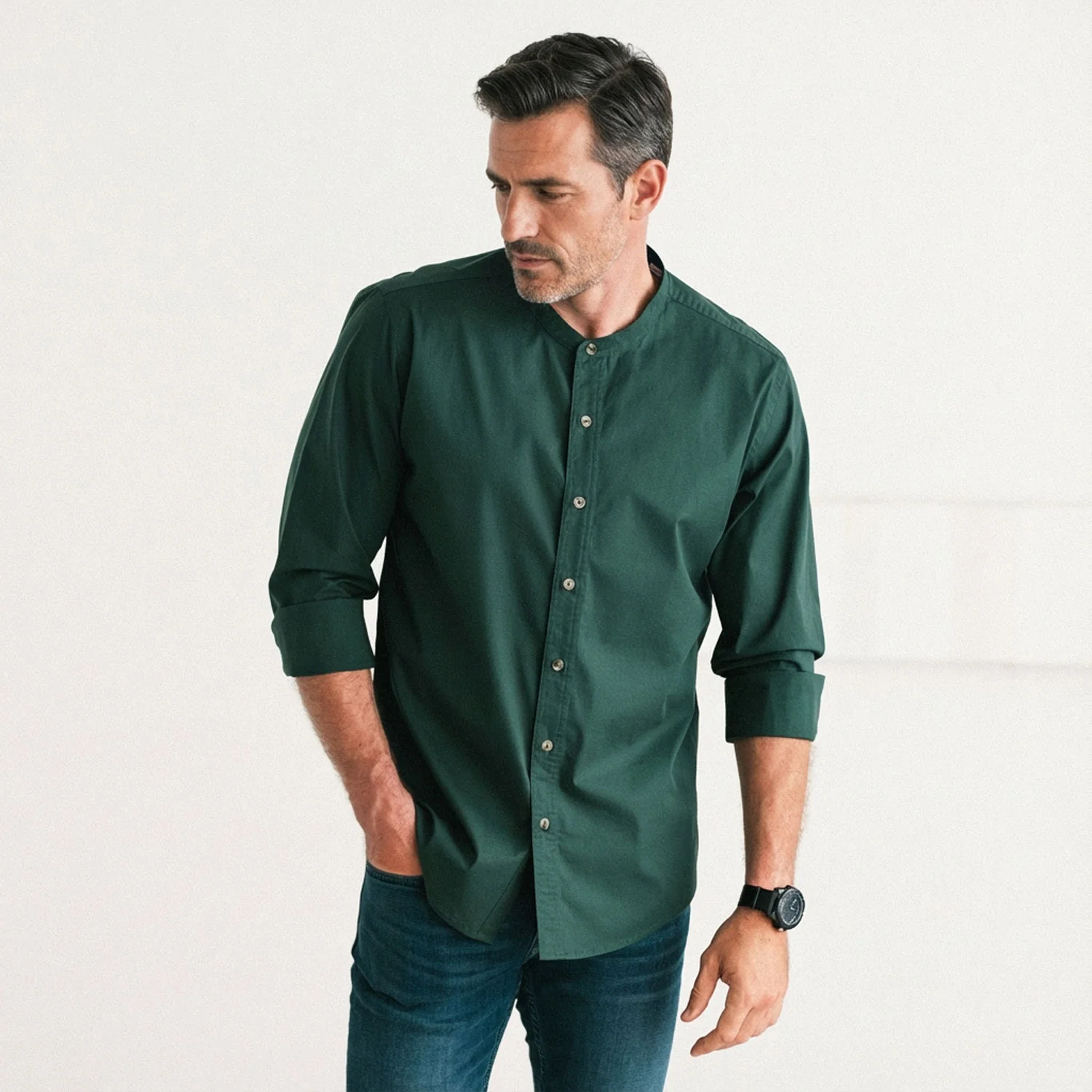 Essential Band Collar Button Down Shirt - Dark Olive Green Cotton Twill - Image 4