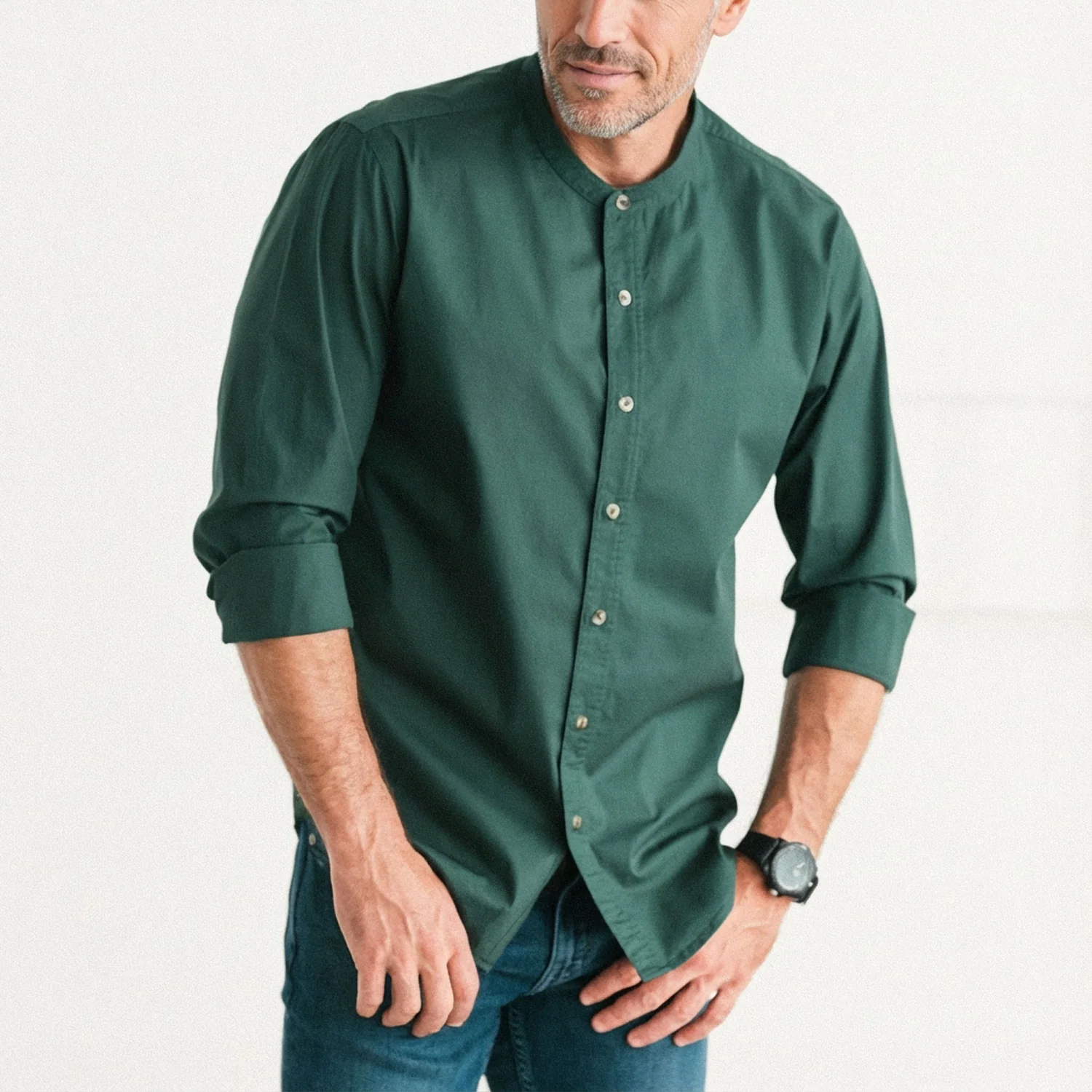 Essential Band Collar Button Down Shirt - Dark Olive Green Cotton Twill - Image 5