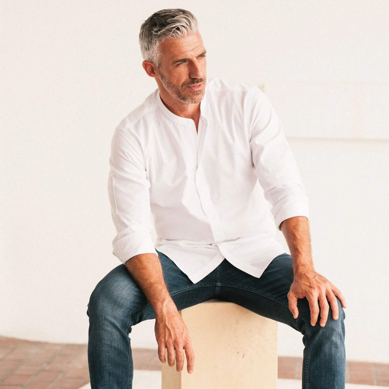 Essential Band Collar Button Down Shirt - Pure White Cotton Oxford - Image 4