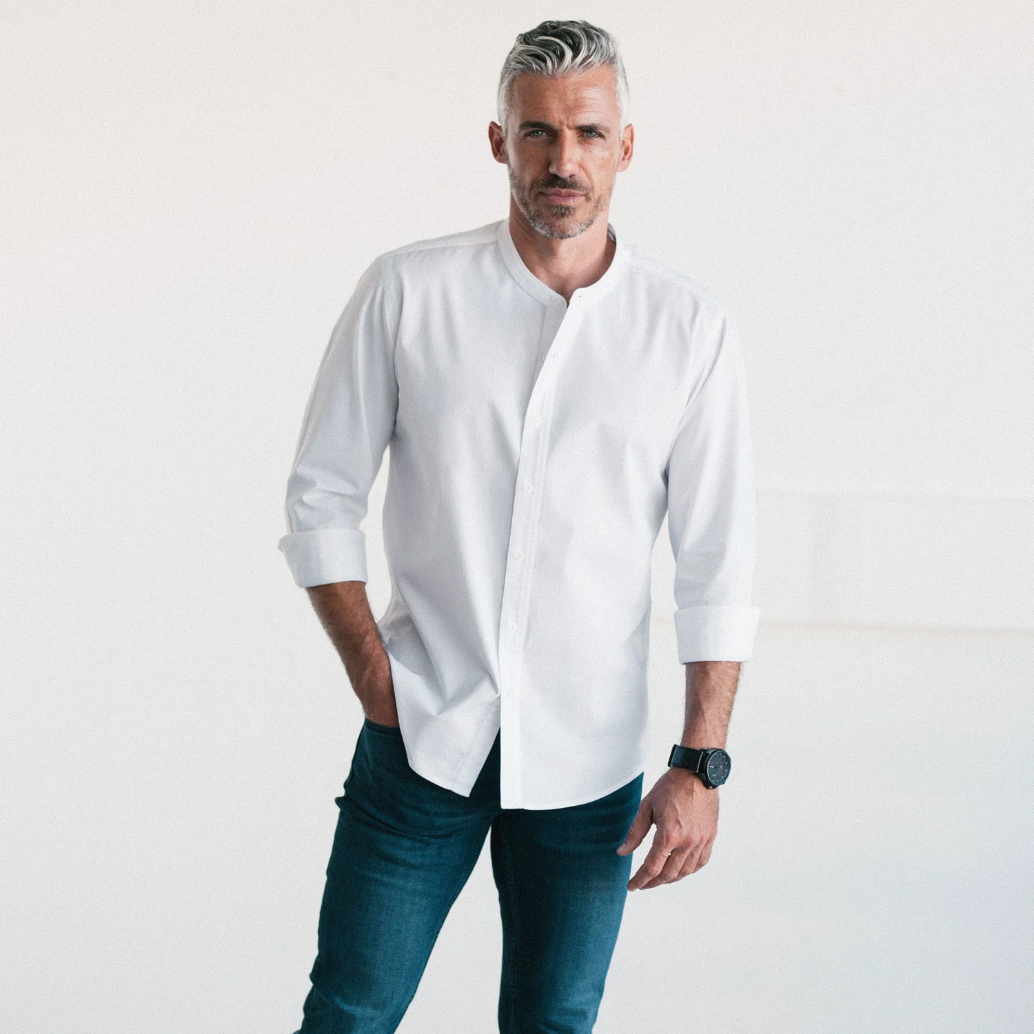 Essential Band Collar Button Down Shirt - Pure White Cotton Twill - Image 4