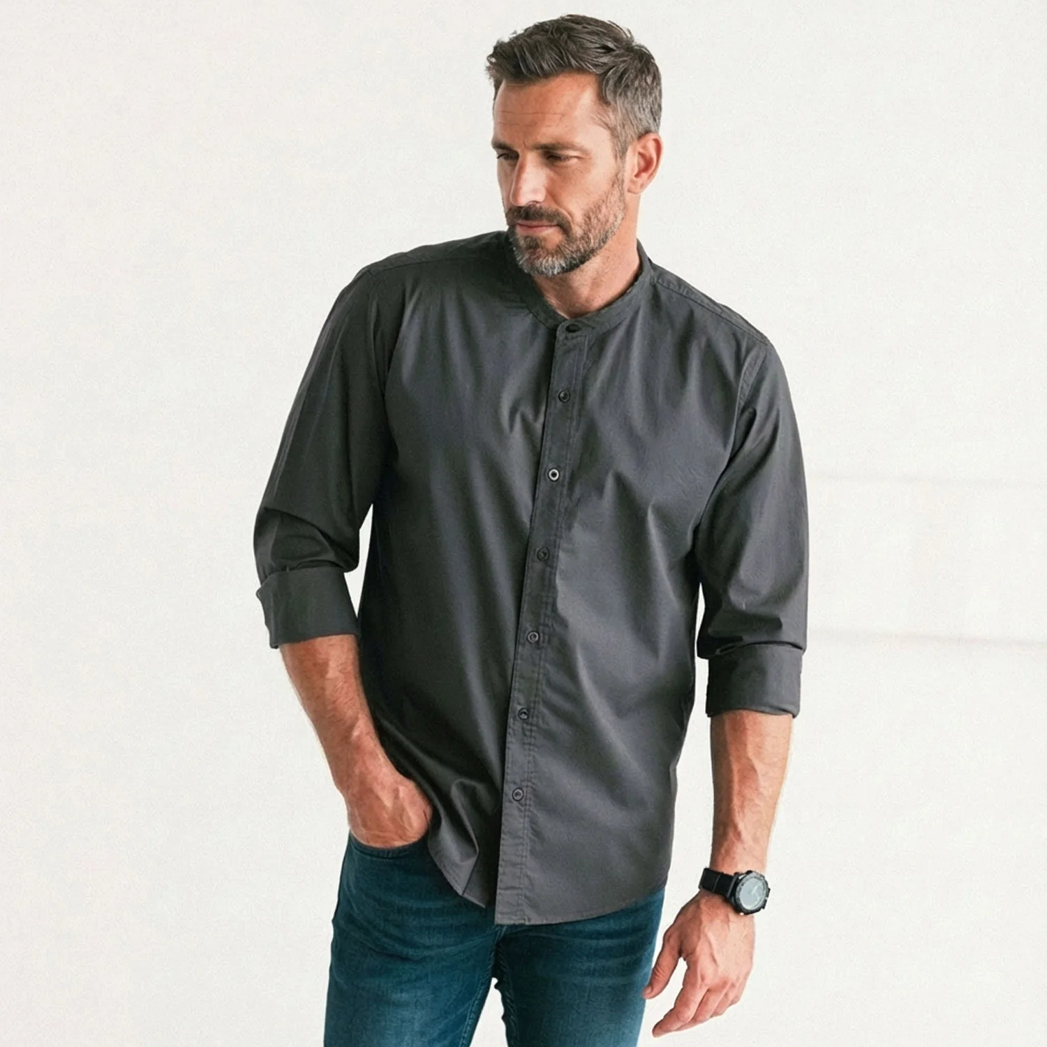 Essential Band Collar Button Down Shirt - Slate Gray Cotton Twill - Image 4