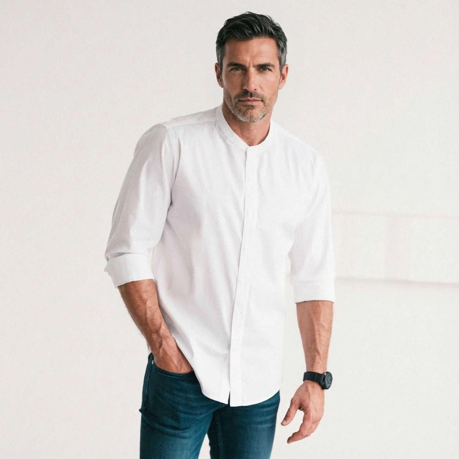 Essential Band Collar Button Down Shirt - White Cotton Stretch Poplin