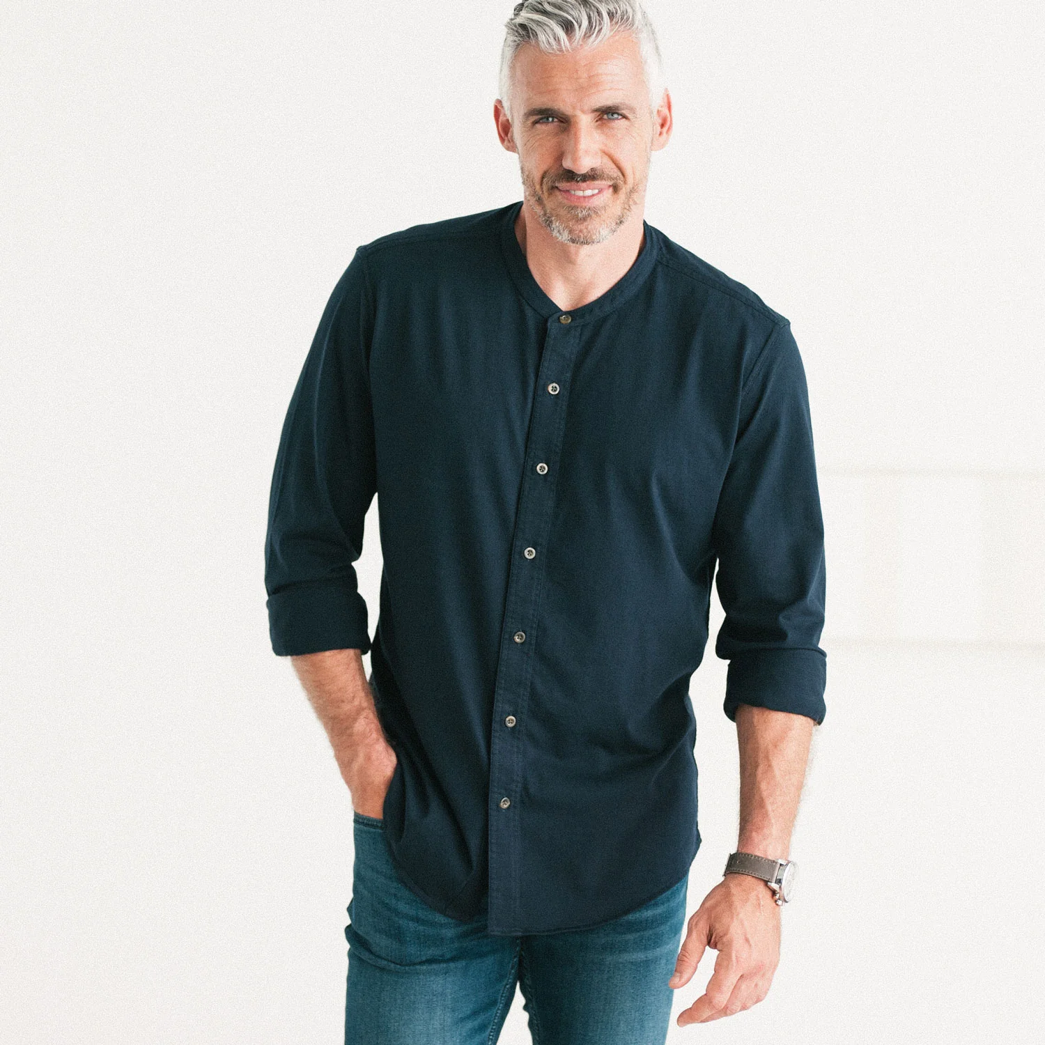 Band Collar T-Shirt Shirt - Dark Navy Cotton Jersey - Image 4