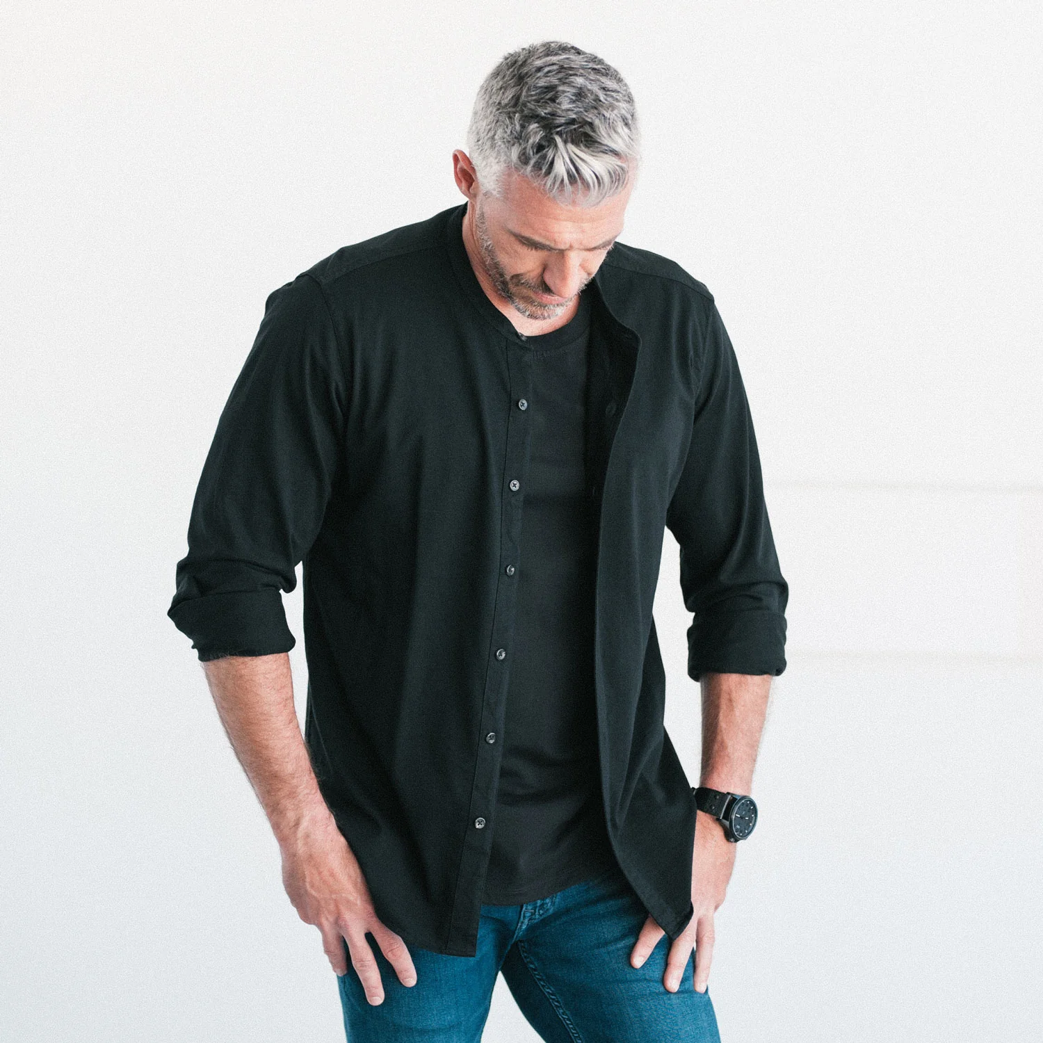 Band Collar T-Shirt Shirt - Jet Black Cotton Jersey - Image 4