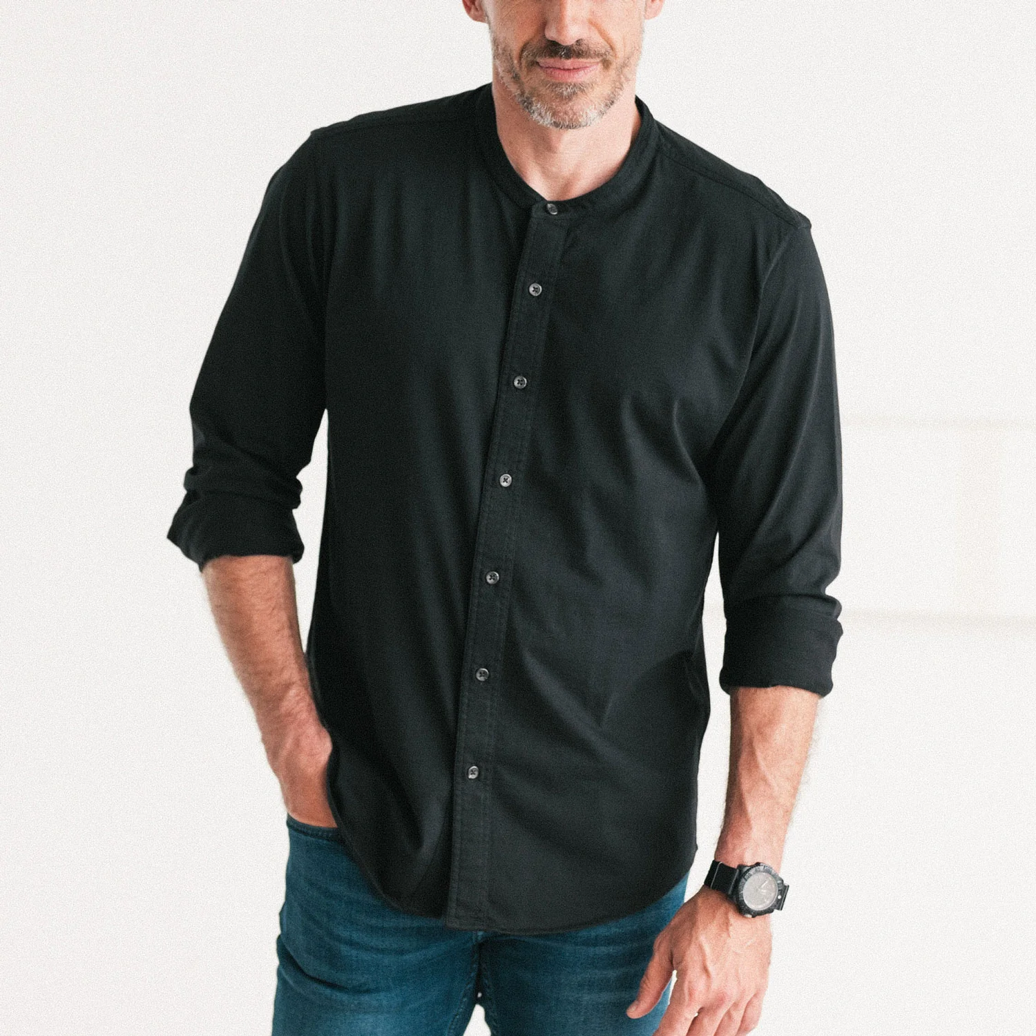 Band Collar T-Shirt Shirt - Jet Black Cotton Jersey - Image 5