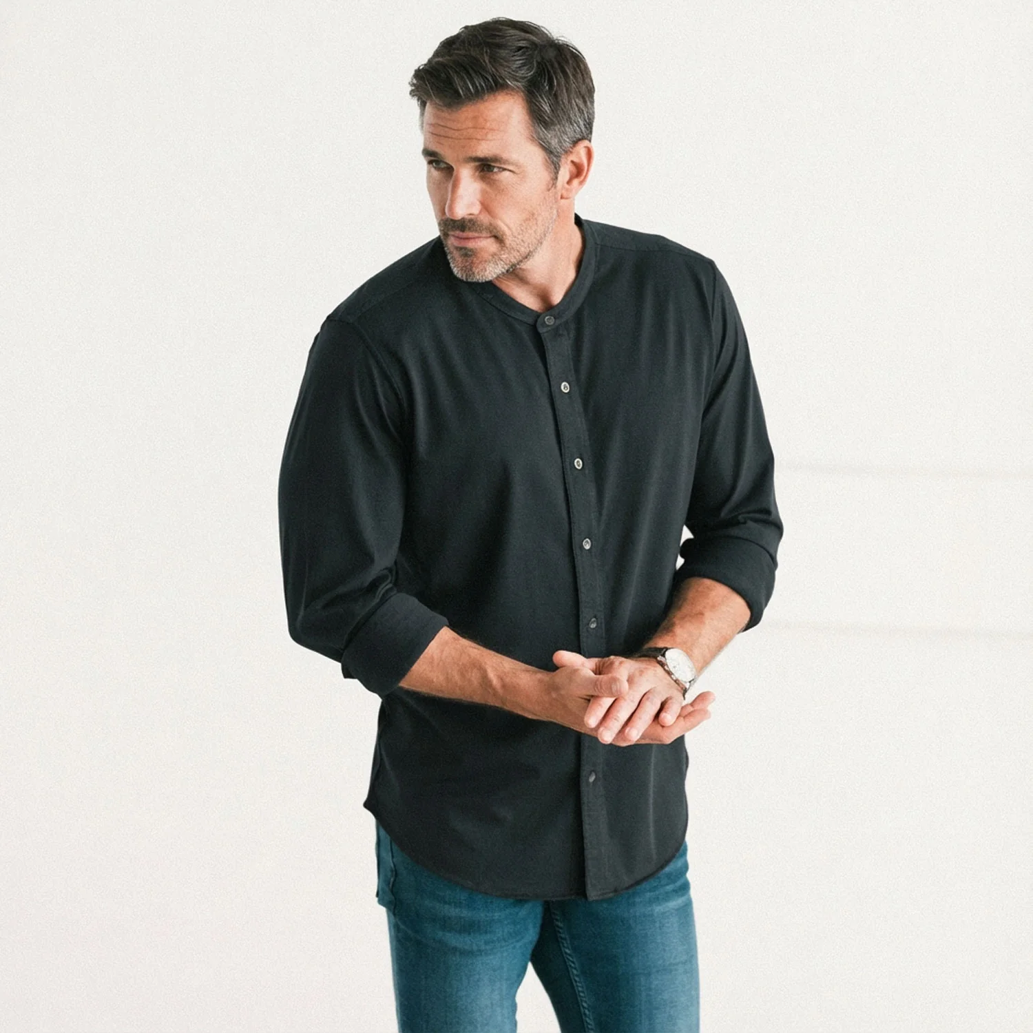 Band Collar T-Shirt Shirt - Jet Black Cotton Jersey - Image 6