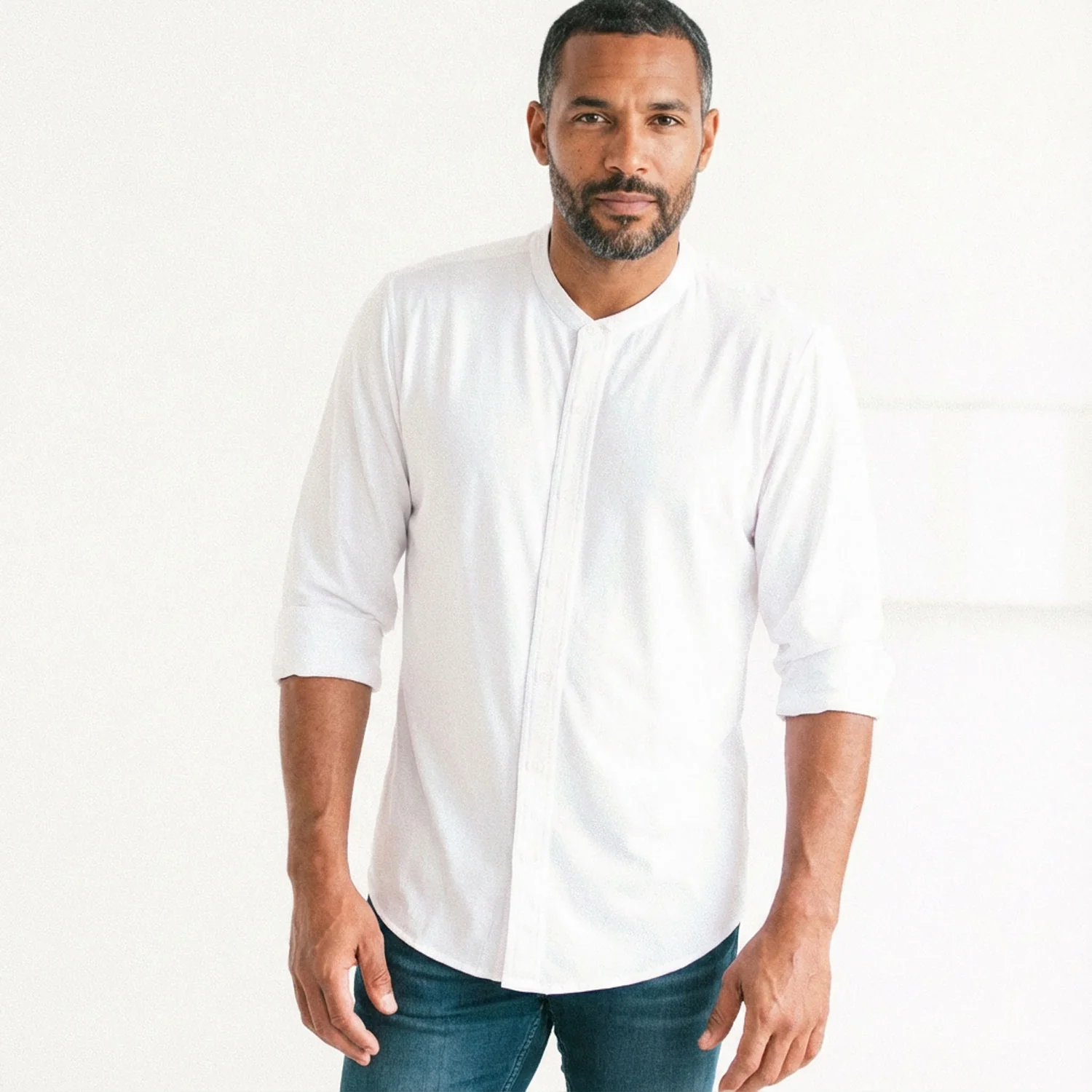 Band Collar T-Shirt Shirt - Pure White Cotton Jersey - Image 4