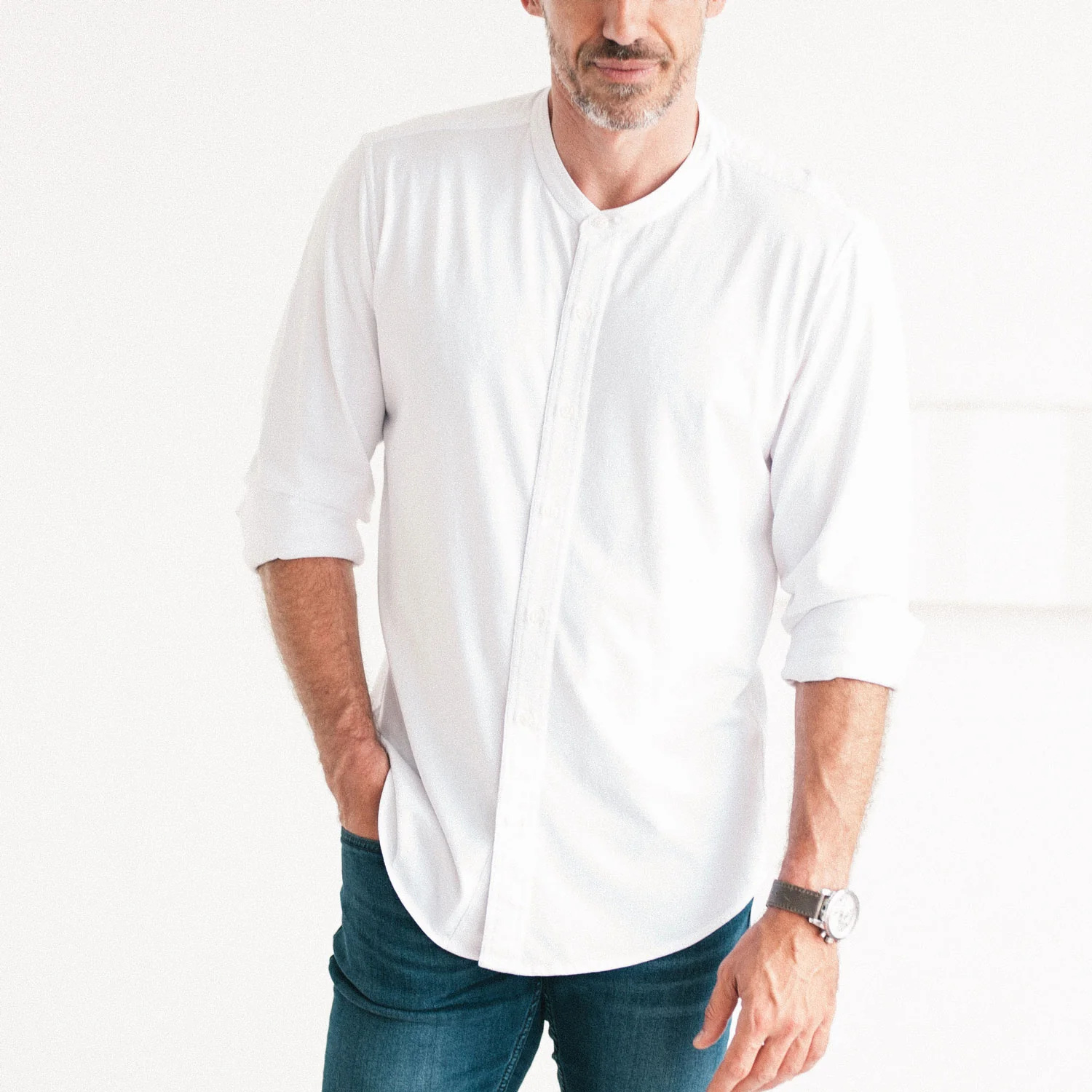 Band Collar T-Shirt Shirt - Pure White Cotton Jersey - Image 5