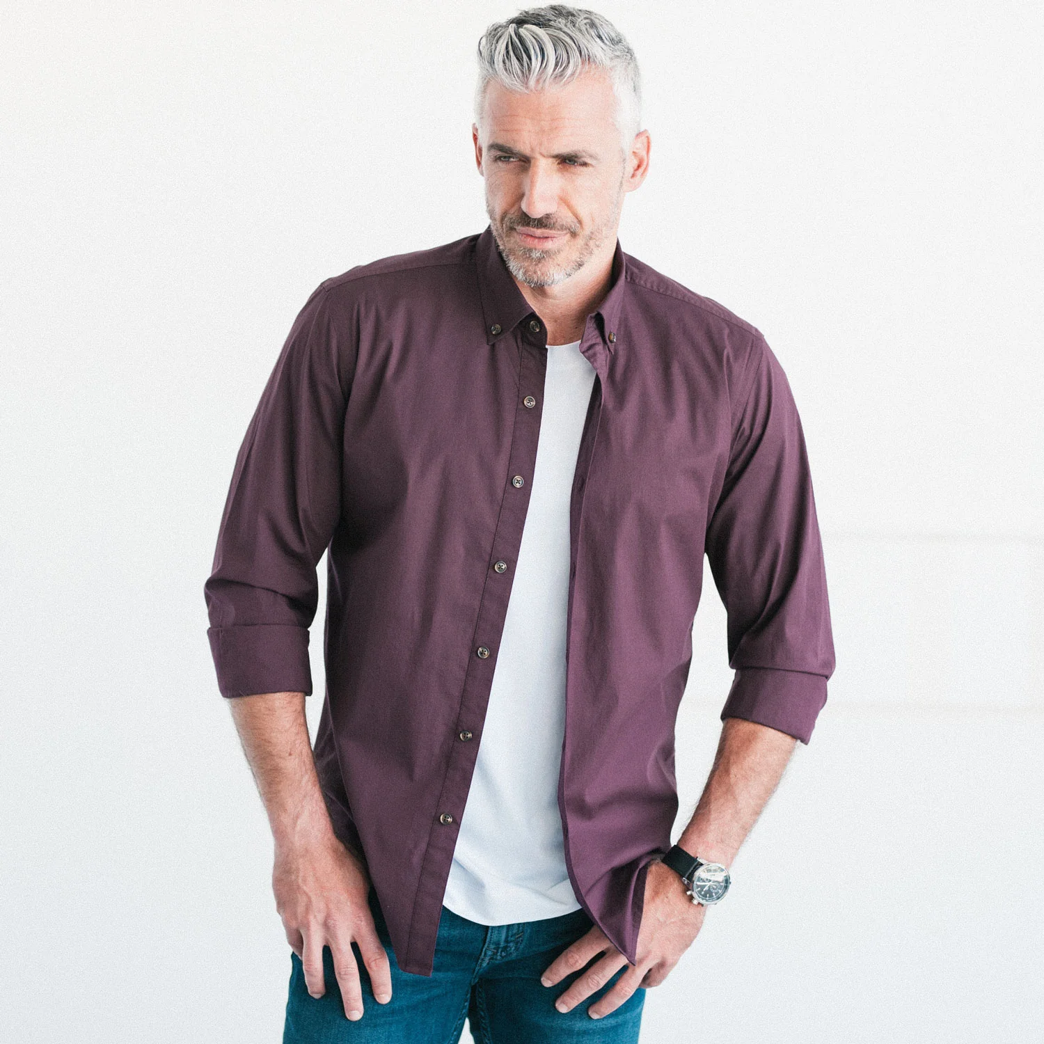 Essential Button Down Collar Casual Shirt - Burgundy Stretch Cotton Poplin