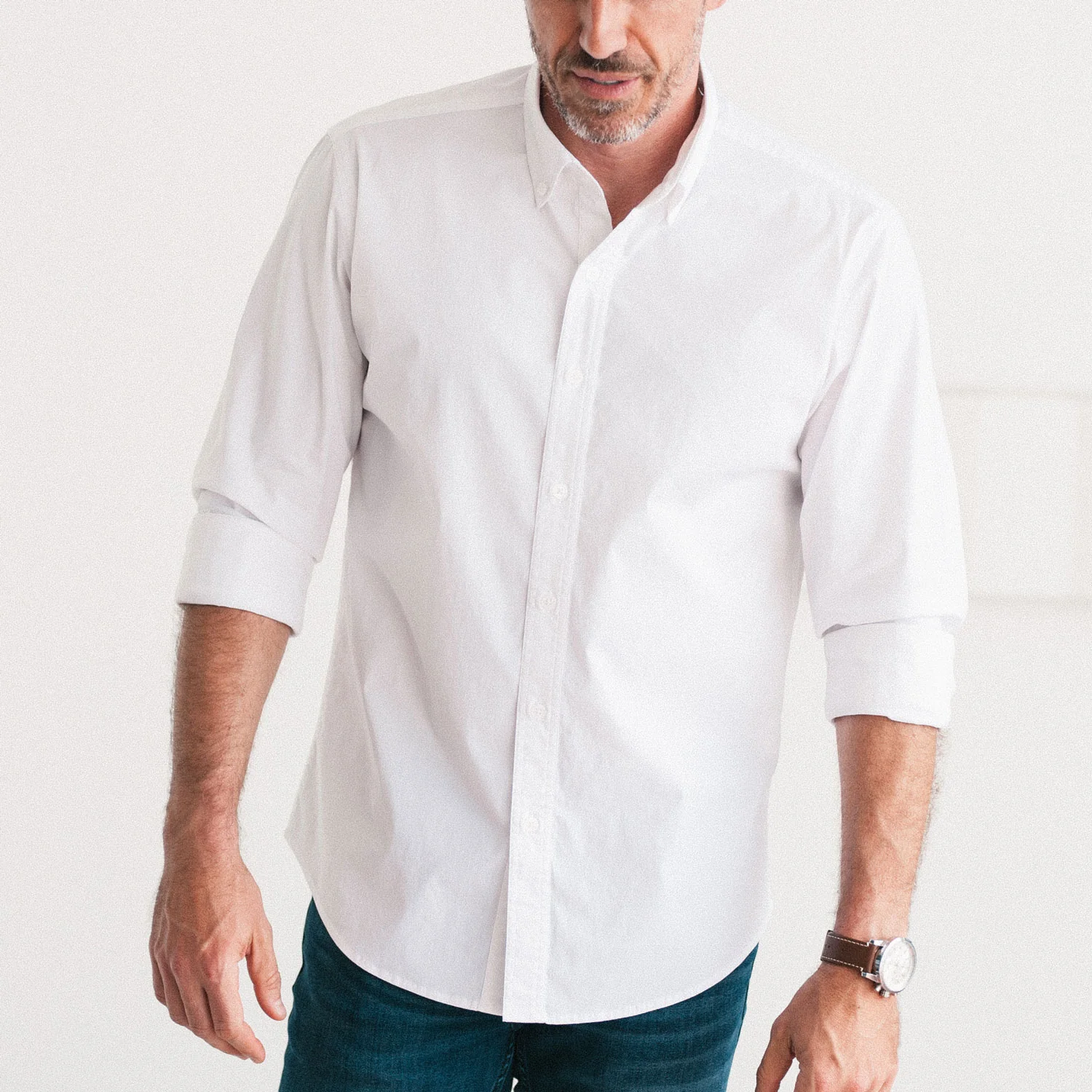 Essential Button Down Collar Casual Shirt - Classic White Stretch Cotton Poplin - Image 4