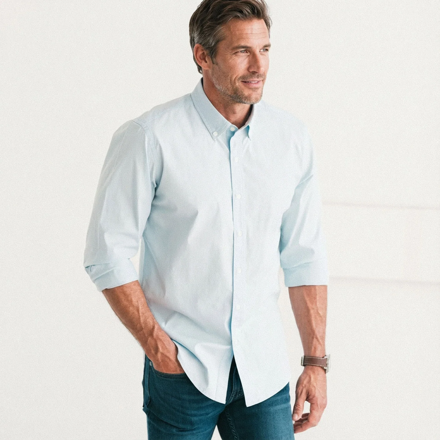 Essential Button Down Collar Casual Shirt - Cloud Blue Stretch Cotton Poplin - Image 4