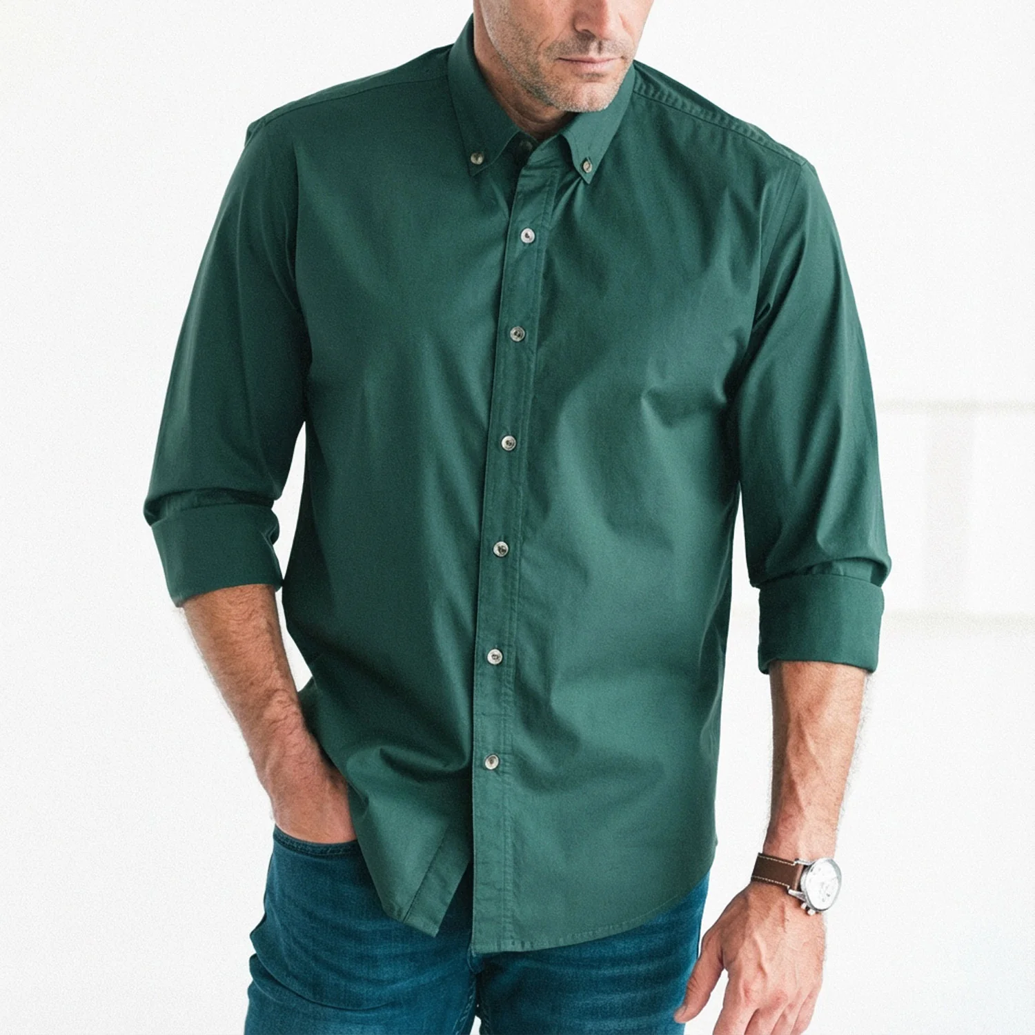 Essential Button Down Collar Casual Shirt - Forest Green Stretch Cotton Poplin