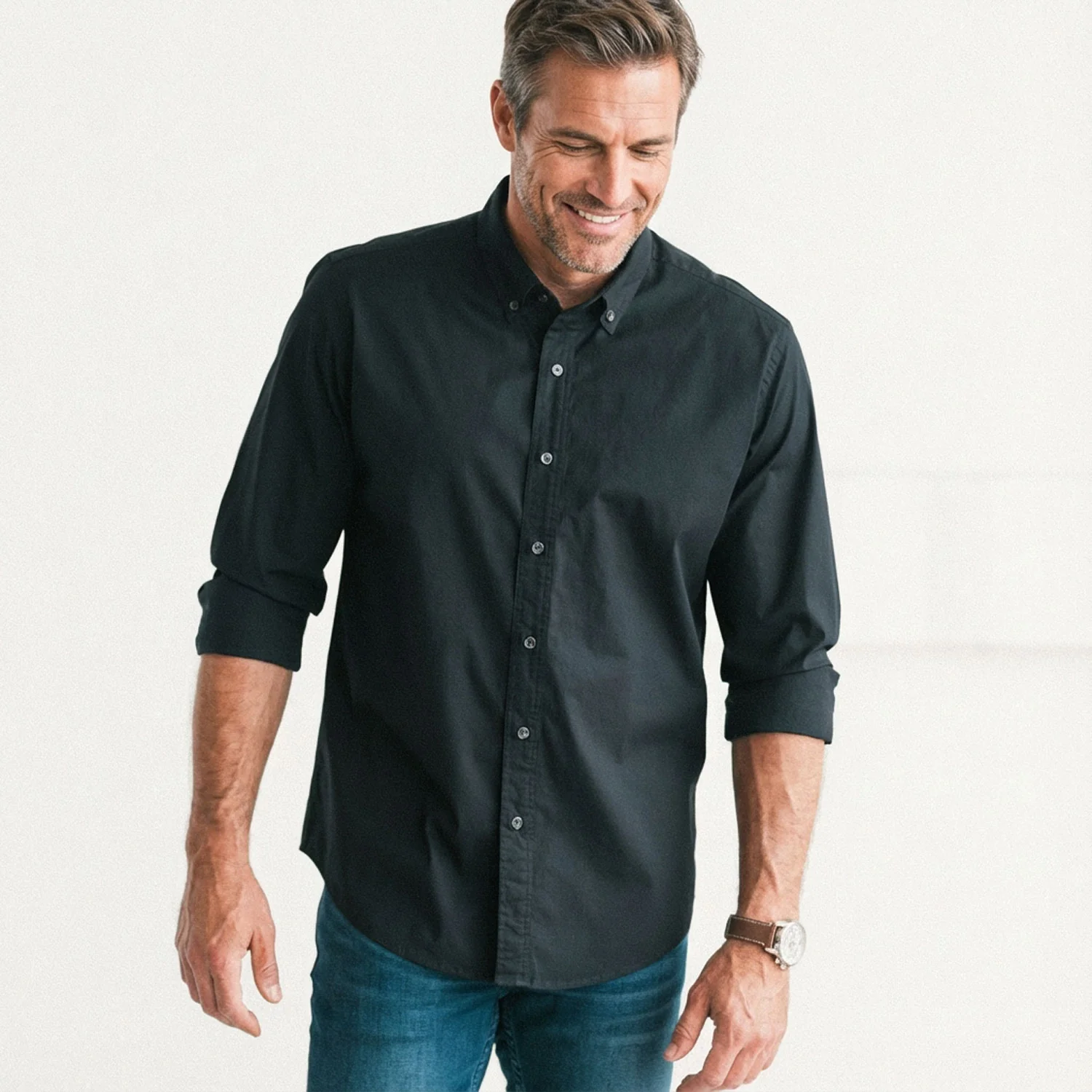 Essential Button Down Collar Casual Shirt - Jet Black Stretch Cotton Poplin - Image 4