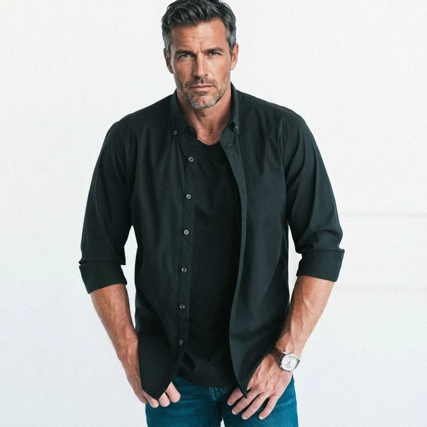 Essential Button Down Collar Casual Shirt - Jet Black Stretch Cotton Poplin - Image 5