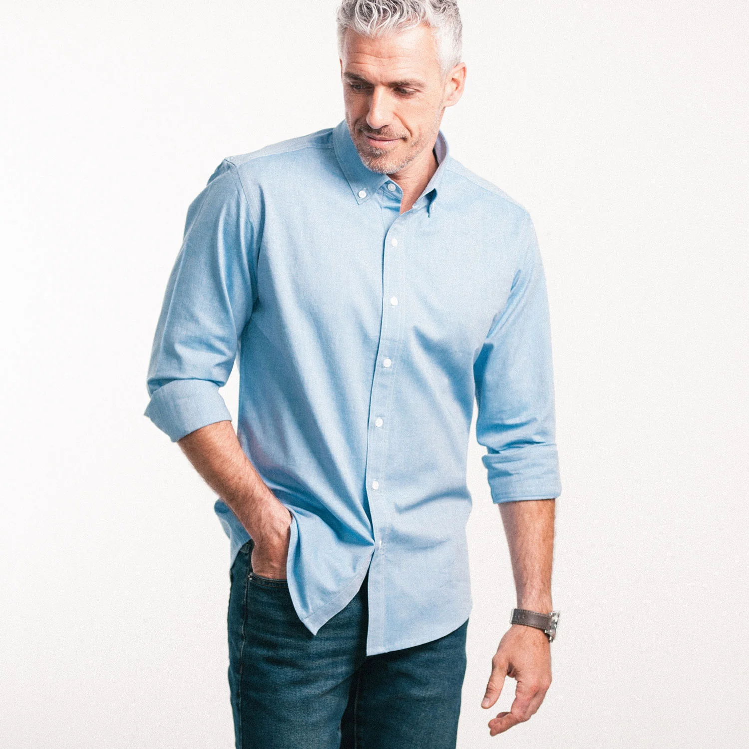 Essential Button Down Collar Casual Shirt - Classic Blue Cotton Oxford - Image 5
