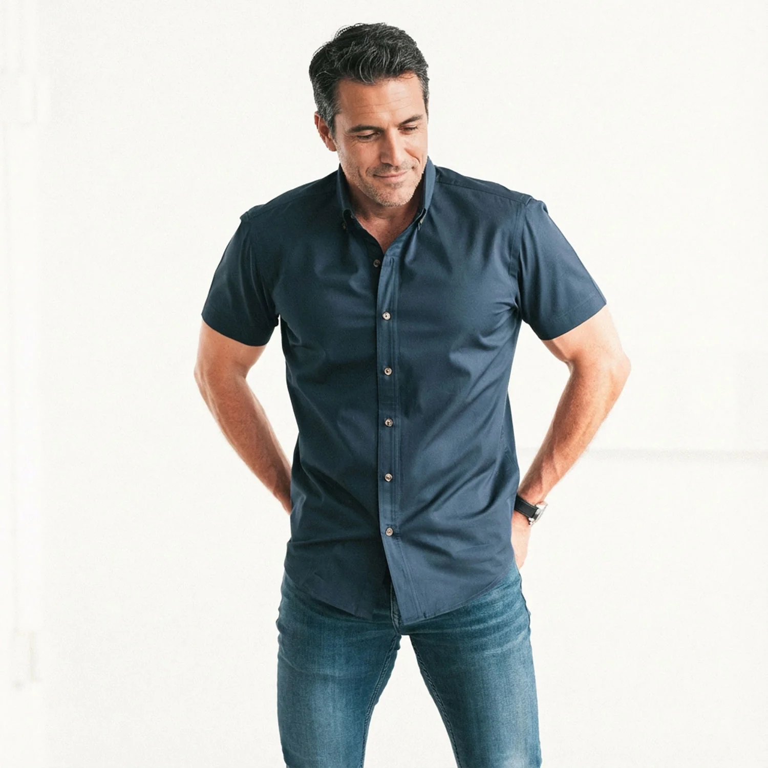 Essential Button Down Collar Casual Short Sleeve Shirt - Dark Navy Cotton Twill