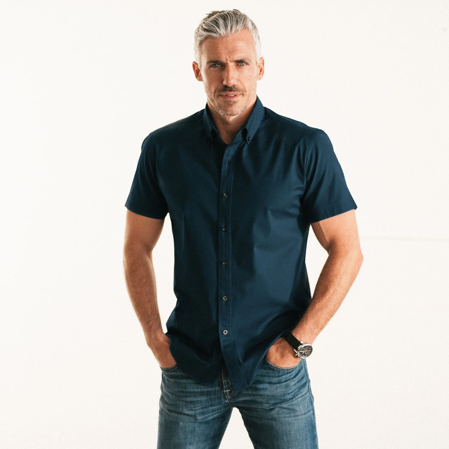 Essential Button Down Collar Casual Short Sleeve Shirt - Dark Navy Cotton Twill - Image 5