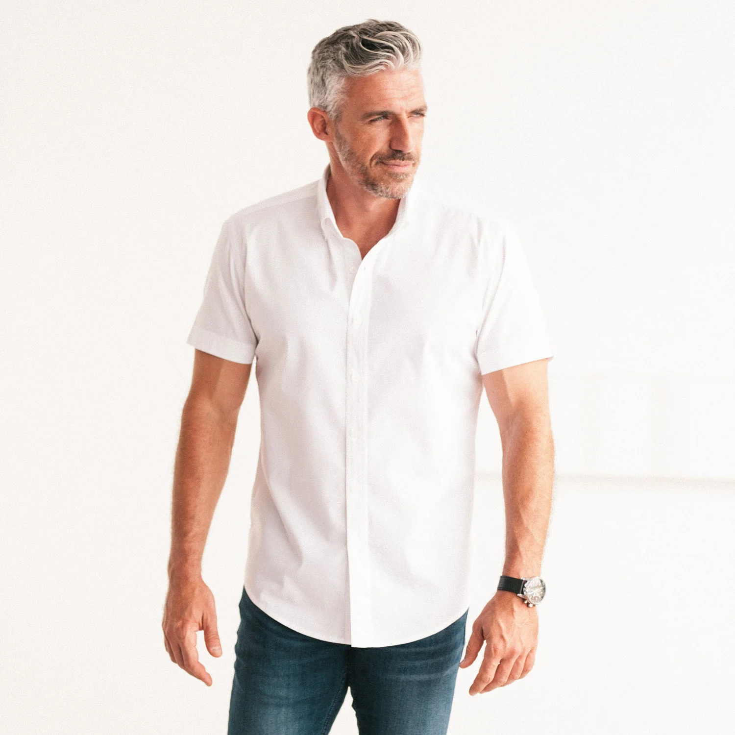 Essential Button Down Collar Casual Short Sleeve Shirt - White Cotton Twill - Image 4