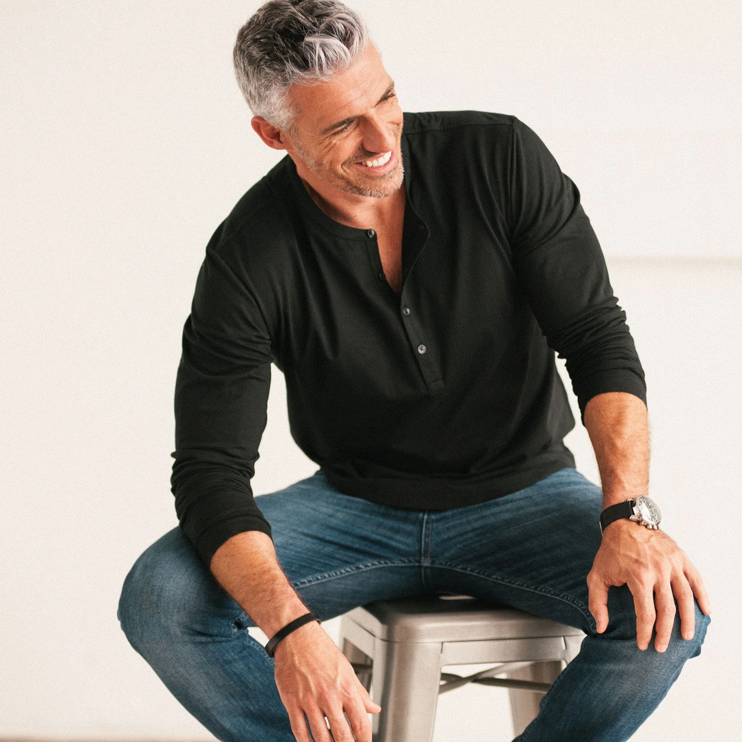 Essential Curved Hem Henley –  Black Cotton Jersey - Image 4