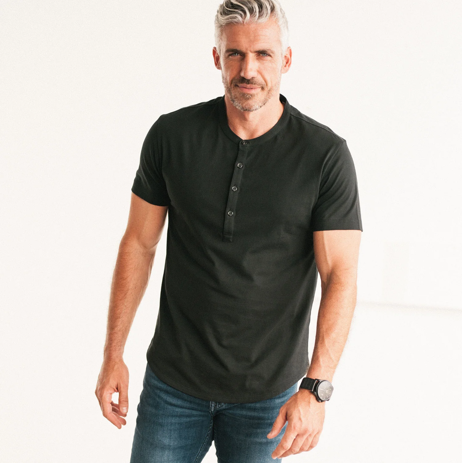 Essential Short Sleeve Curved Hem Henley –  Black Cotton Jersey - Image 4