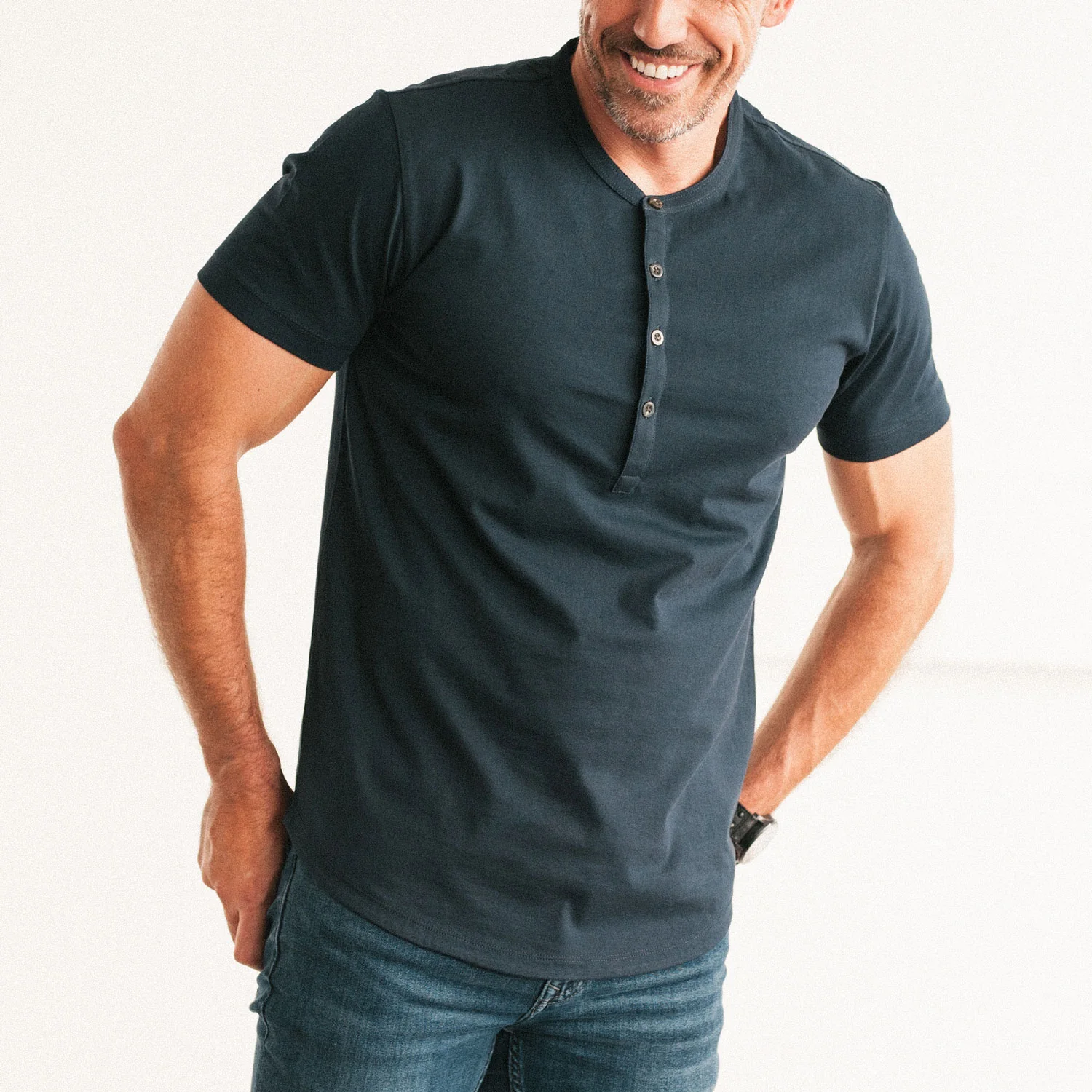 Essential Short Sleeve Curved Hem Henley –  Navy Cotton Jersey - Image 4