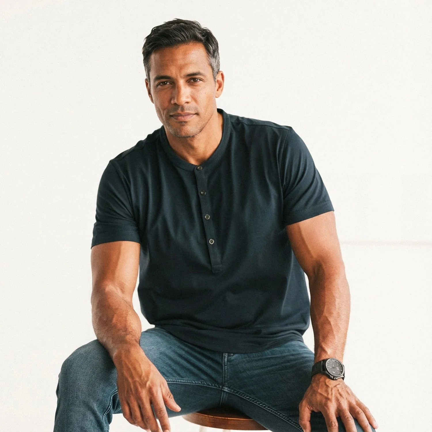 Essential Short Sleeve Curved Hem Henley –  Navy Cotton Jersey - Image 5