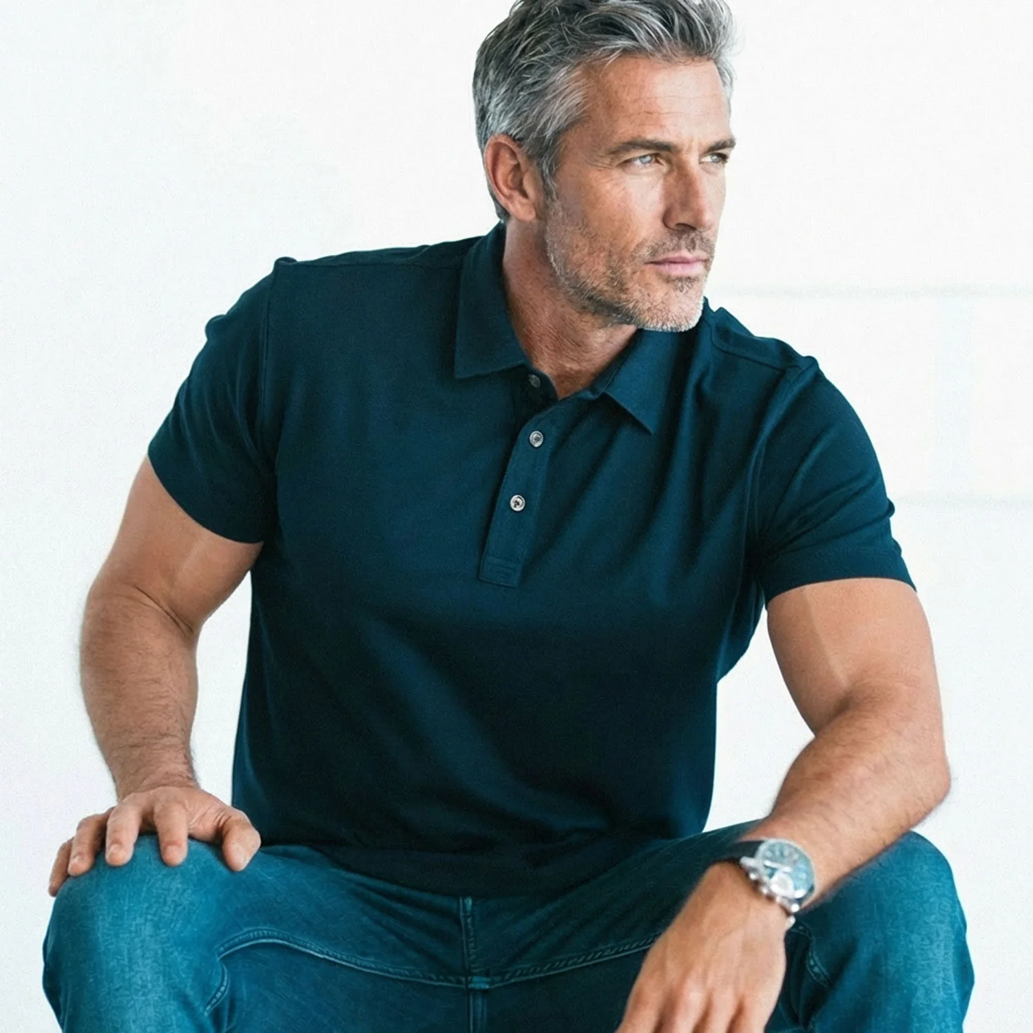 Essential Short Sleeve Curved Hem Polo Shirt – Dark Navy Cotton Jersey - Image 4