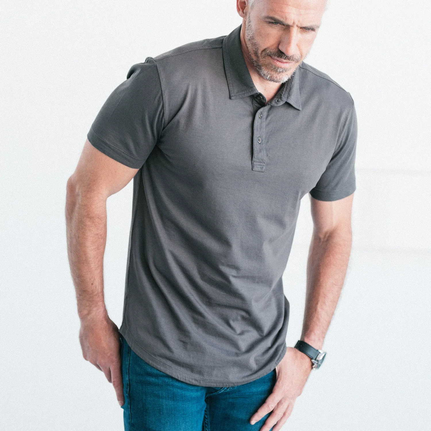 Essential Short Sleeve Curved Hem Polo Shirt – Slate Gray Cotton Jersey - Image 5