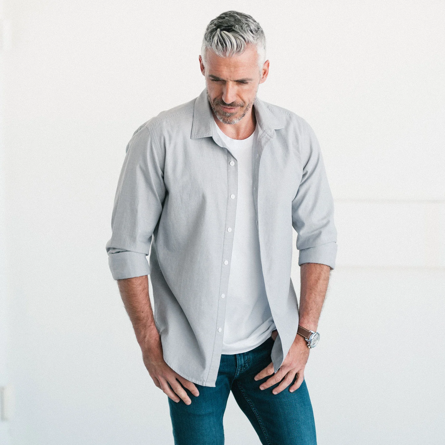 Essential Spread Collar Casual Shirt - Aluminum Gray Cotton Oxford - Image 4