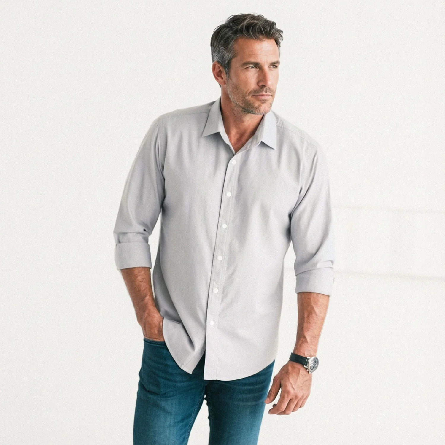 Essential Spread Collar Casual Shirt - Aluminum Gray Cotton Oxford - Image 5