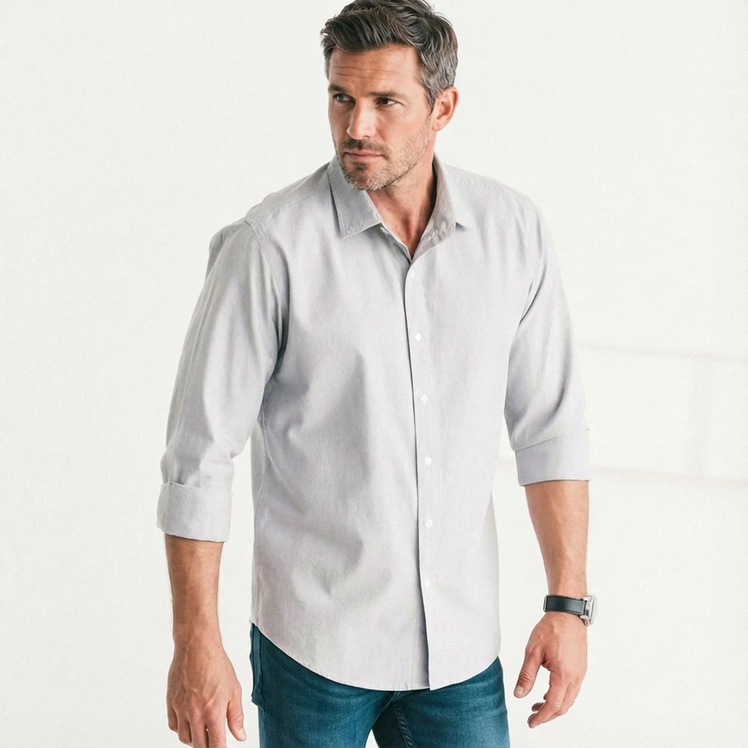 Essential Spread Collar Casual Shirt - Aluminum Gray Cotton Oxford - Image 6