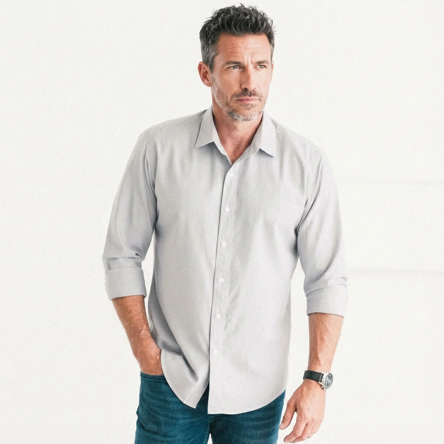 Essential Spread Collar Casual Shirt - Aluminum Gray Cotton Oxford - Image 7
