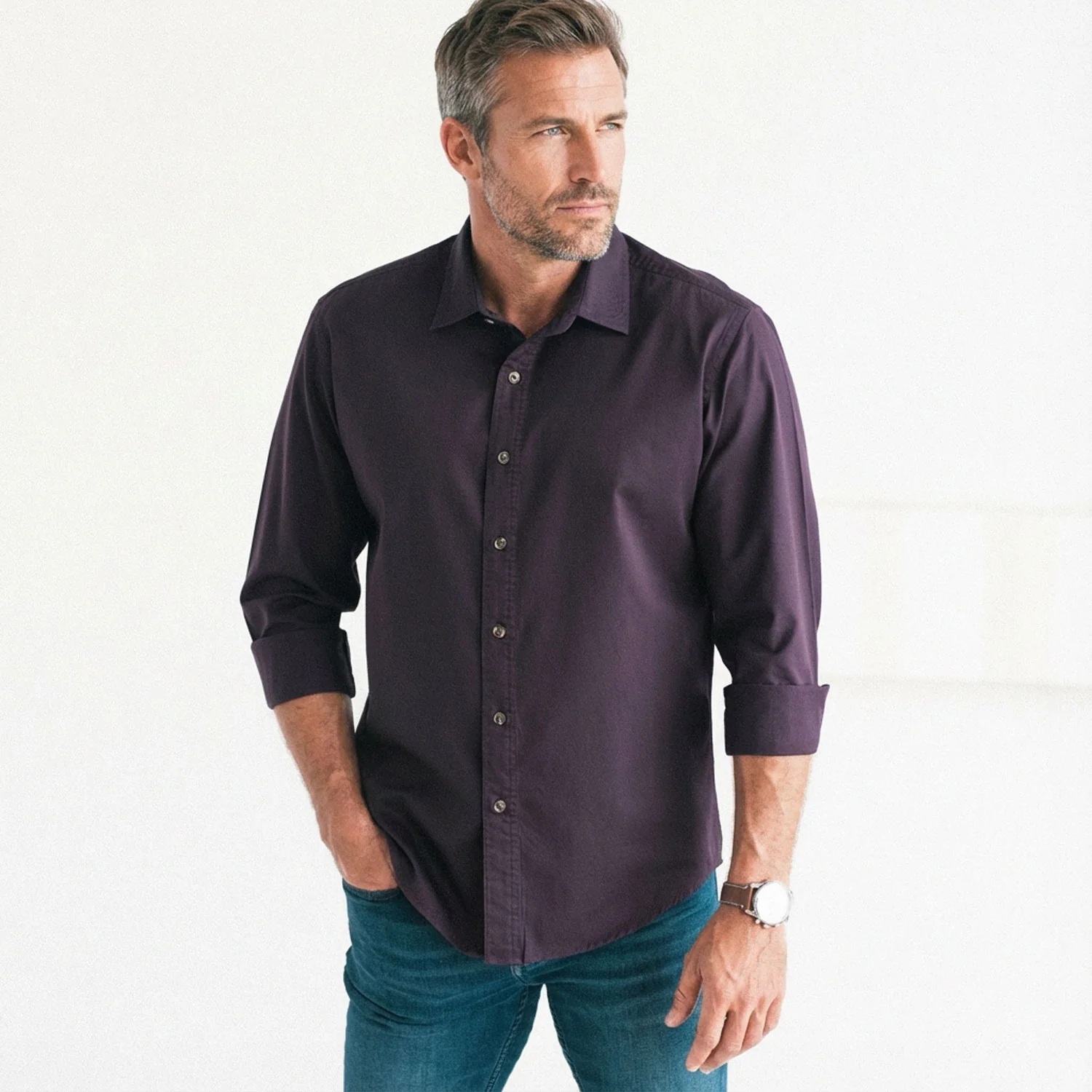 Essential Spread Collar Casual Shirt - Burgundy Cotton Twill