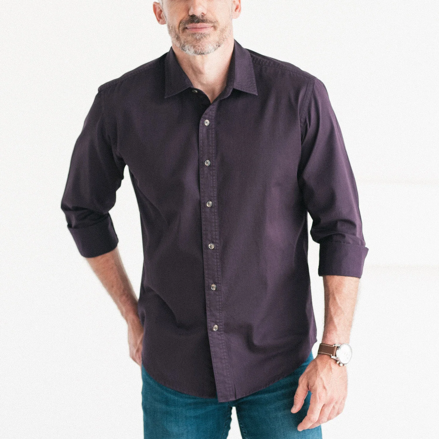 Essential Spread Collar Casual Shirt - Burgundy Cotton Twill - Image 4