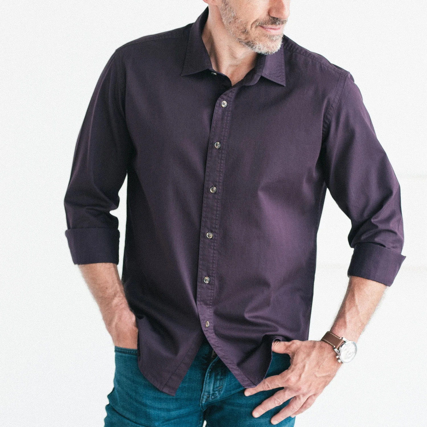 Essential Spread Collar Casual Shirt - Burgundy Cotton Twill - Image 5