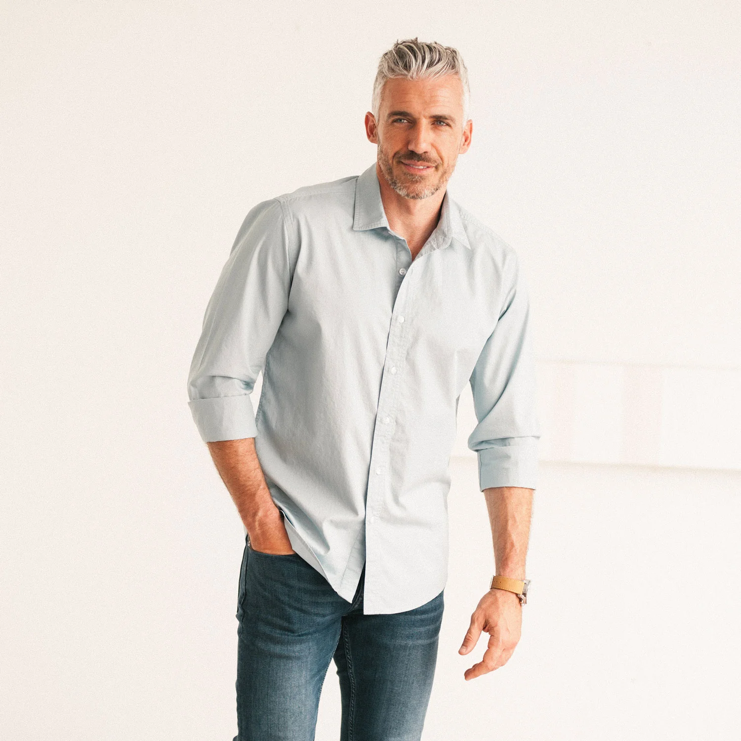 Essential Spread Collar Casual Shirt - Cloud Blue Stretch Cotton Poplin - Image 4