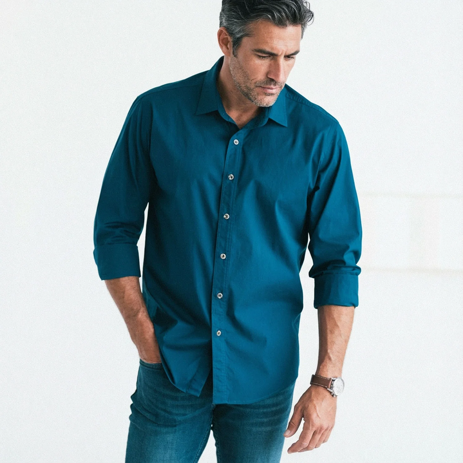 Essential Spread Collar Casual Shirt - Cobalt Blue Stretch Cotton Poplin