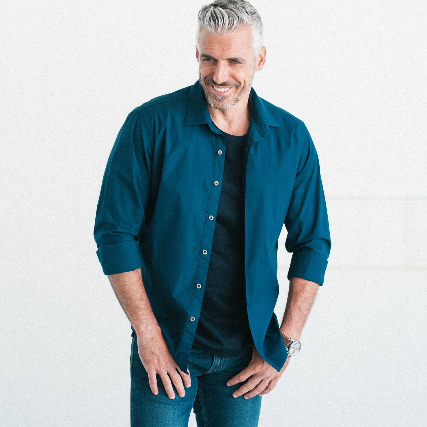 Essential Spread Collar Casual Shirt - Cobalt Blue Stretch Cotton Poplin - Image 4