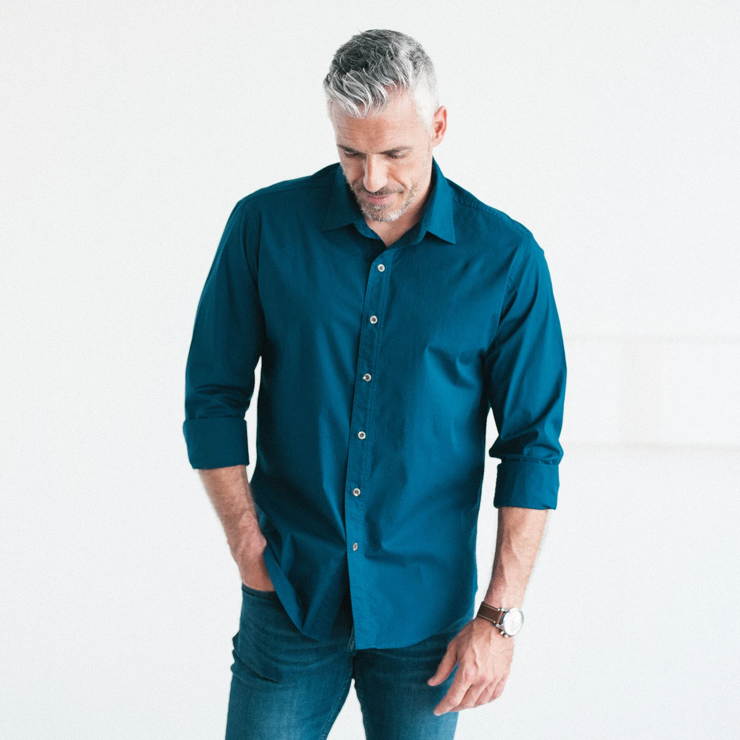 Essential Spread Collar Casual Shirt - Cobalt Blue Stretch Cotton Poplin - Image 5