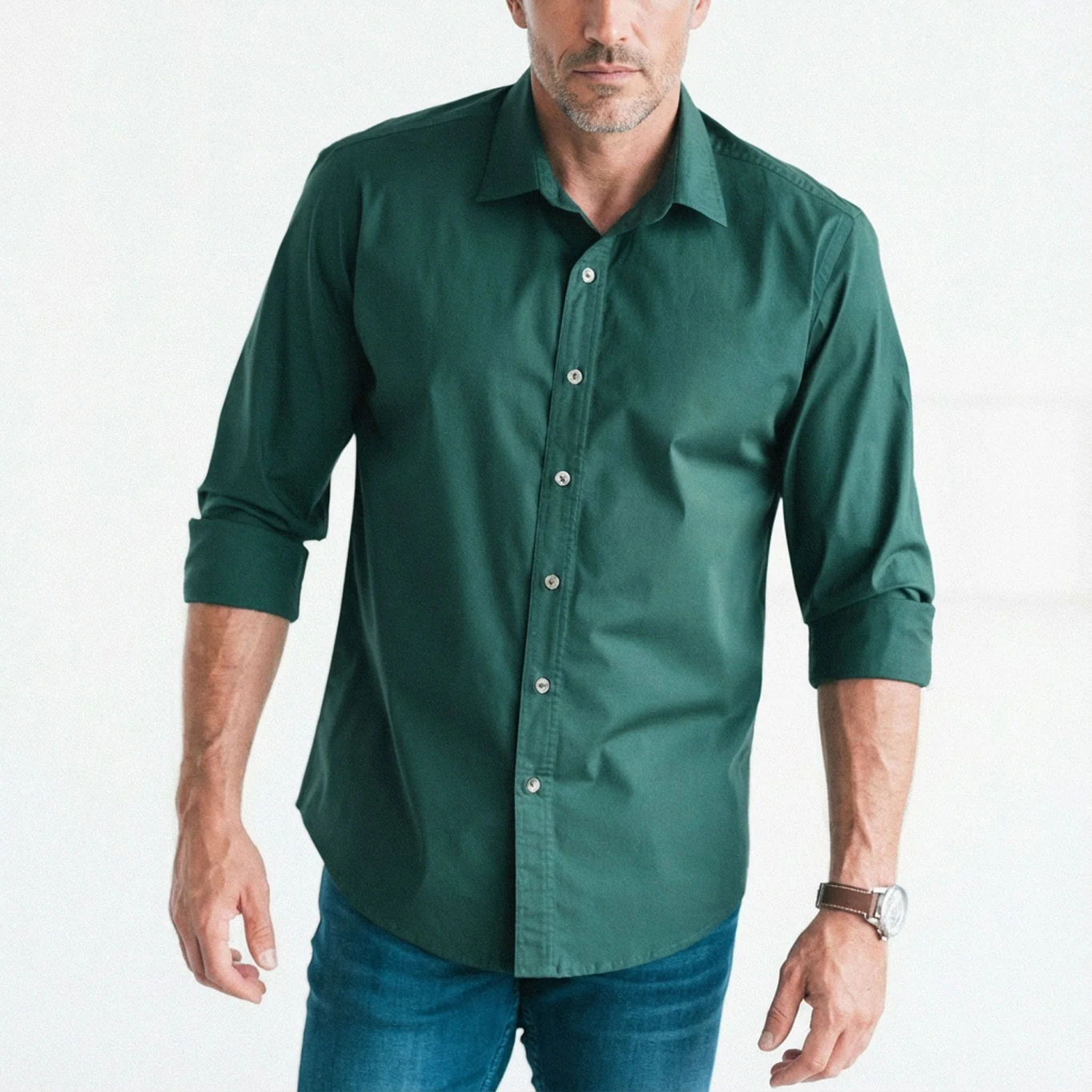 Essential Spread Collar Casual Shirt - Forest Green Stretch Cotton Poplin - Image 4