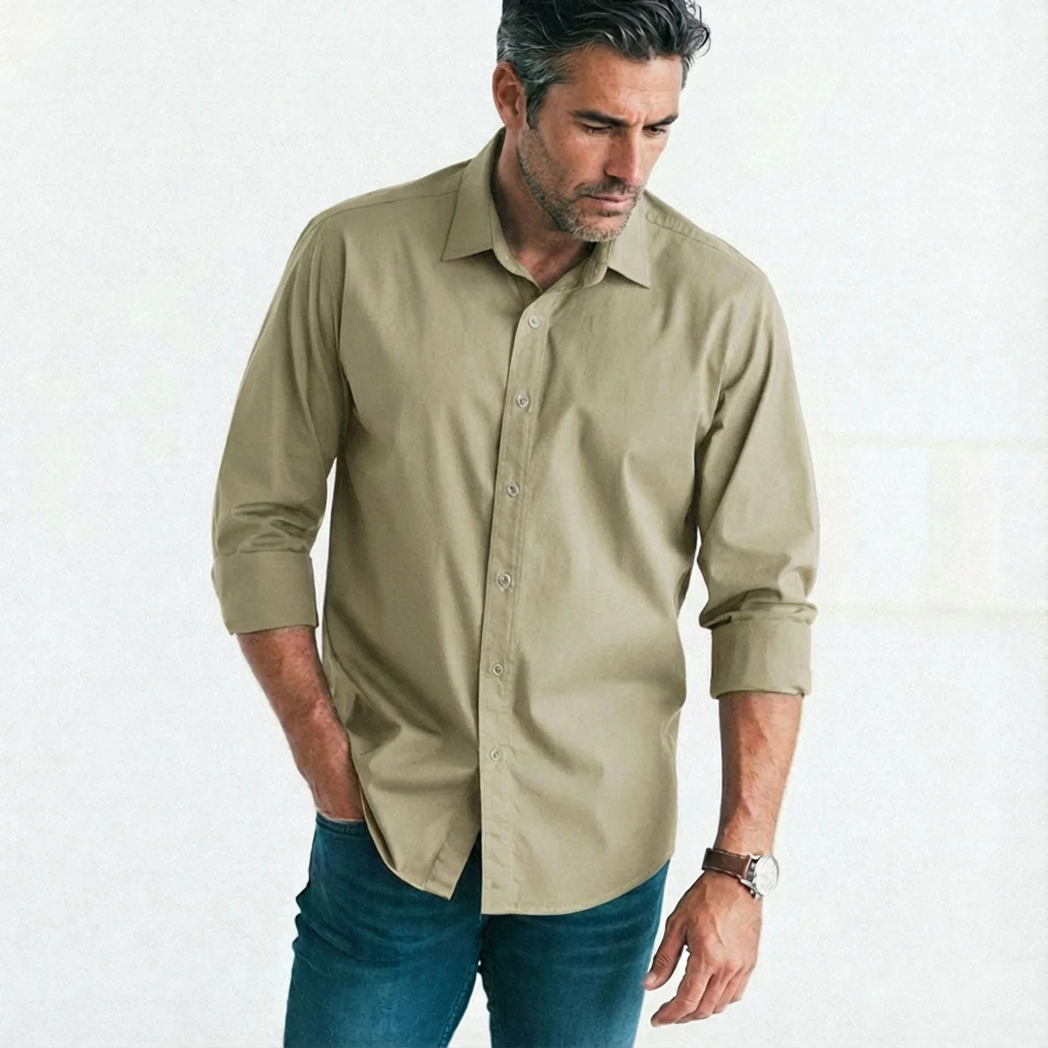 Essential Spread Collar Casual Shirt - Light Fatigue Stretch Cotton Poplin