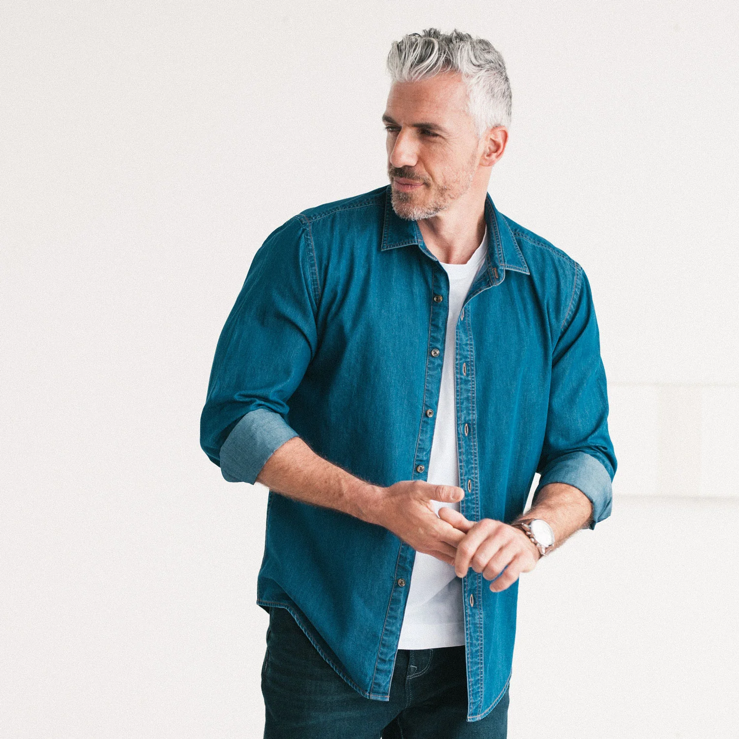 Essential Spread Collar Casual Shirt - Medium Blue Cotton Denim - Image 4