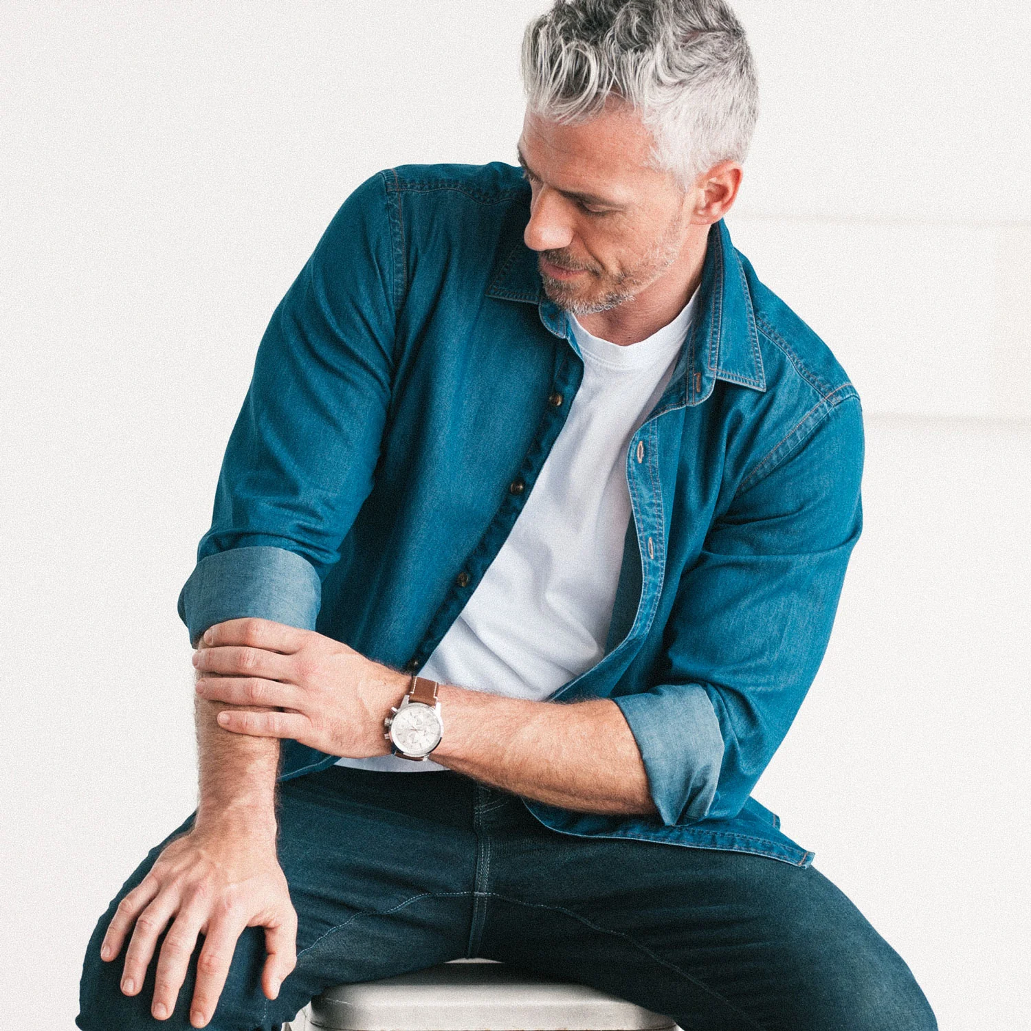 Essential Spread Collar Casual Shirt - Medium Blue Cotton Denim - Image 5