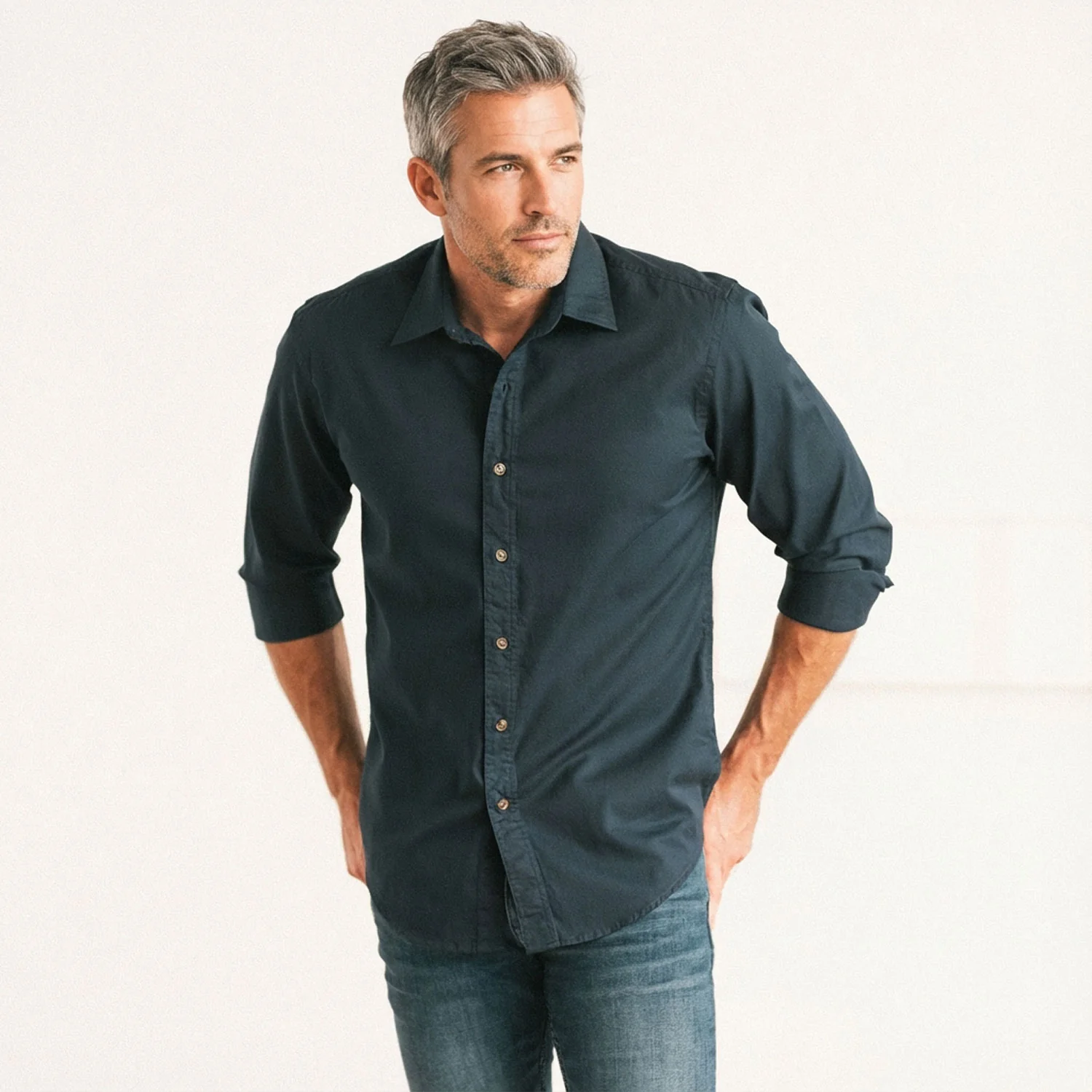 Essential Spread Collar Casual Shirt - Dark Navy Stretch Cotton Poplin - Image 4