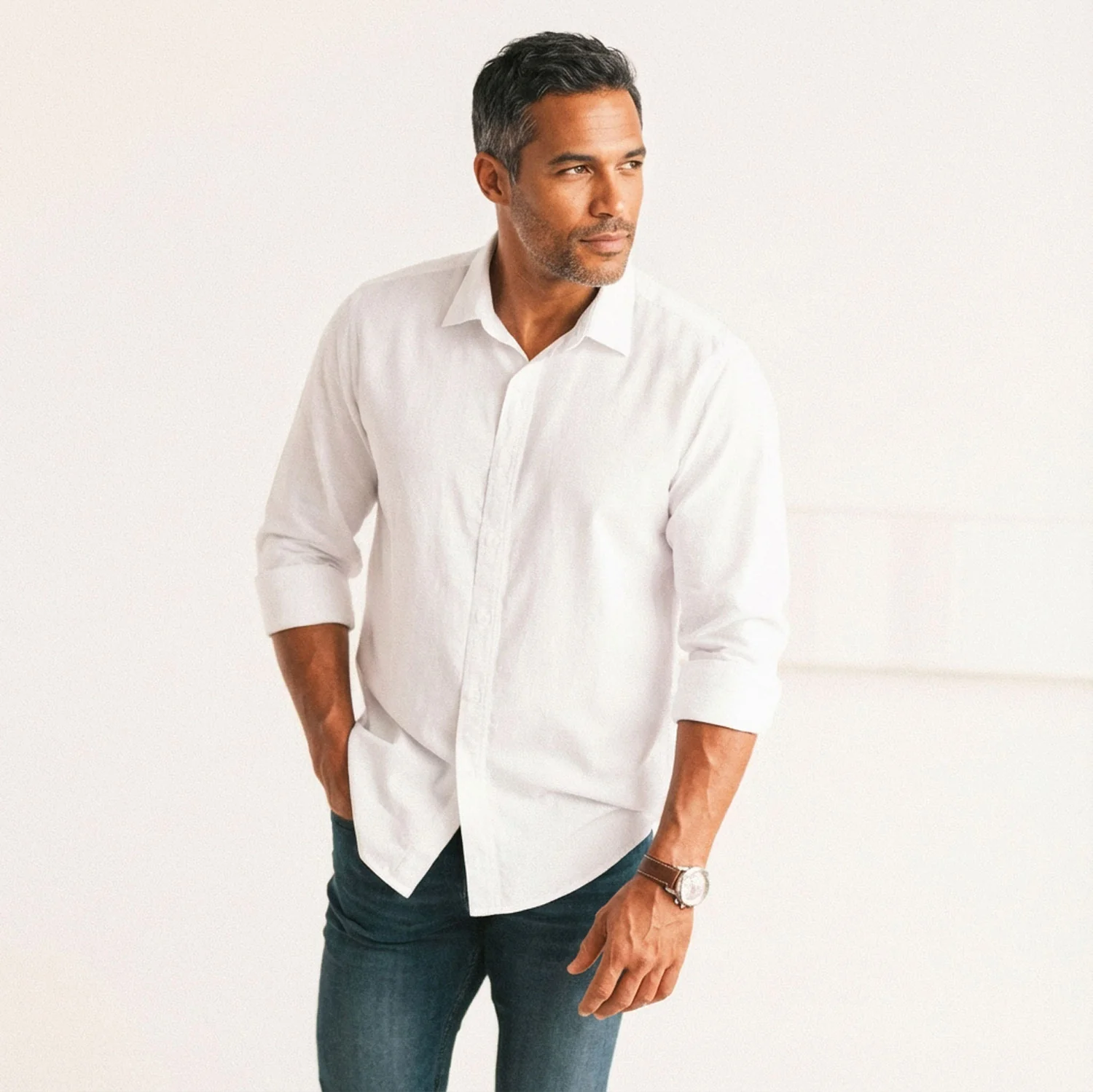 Essential Spread Collar Casual Shirt - Pure White Stretch Cotton Poplin - Image 5