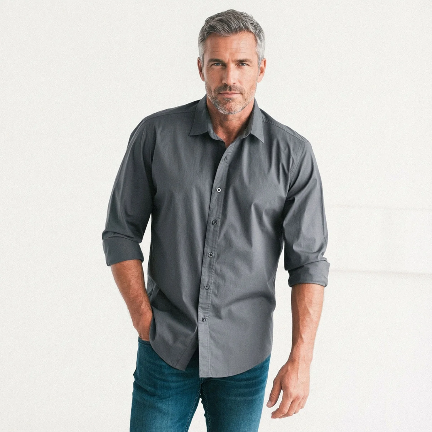 Essential Spread Collar Casual Shirt - Slate Gray Stretch Cotton Poplin