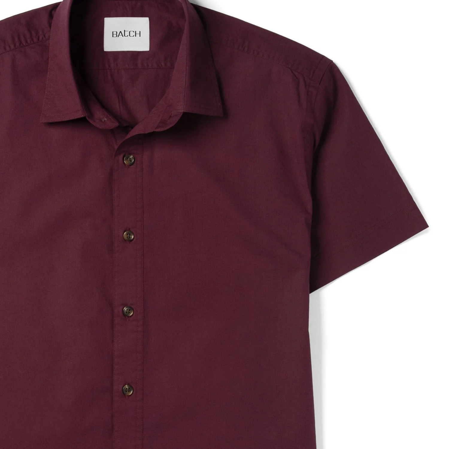Essential Spread Collar Casual Short Sleeve Shirt - Burgundy Stretch Cotton Poplin - Image 3