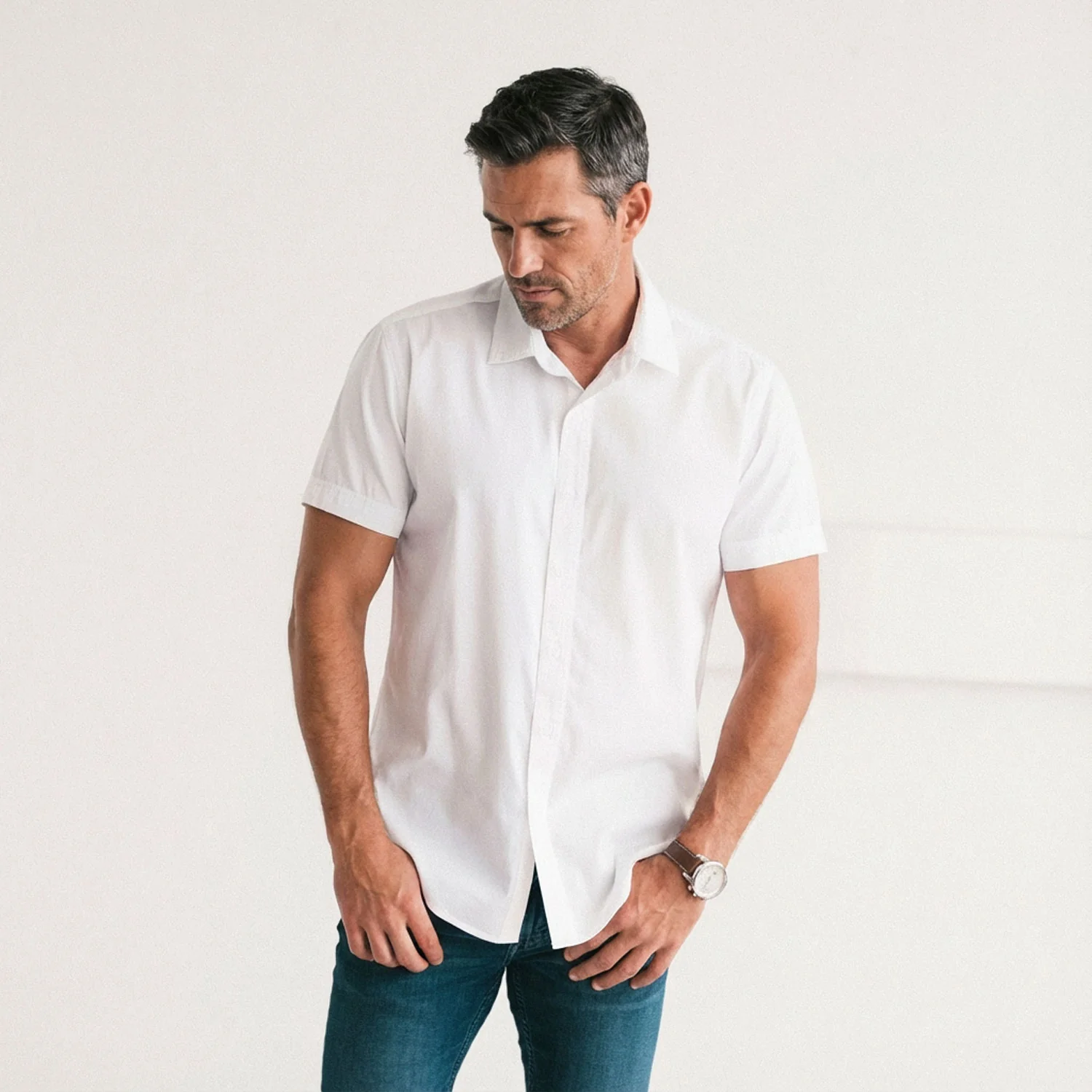 Essential Spread Collar Casual Short Sleeve Shirt - Pure White Stretch Cotton Poplin
