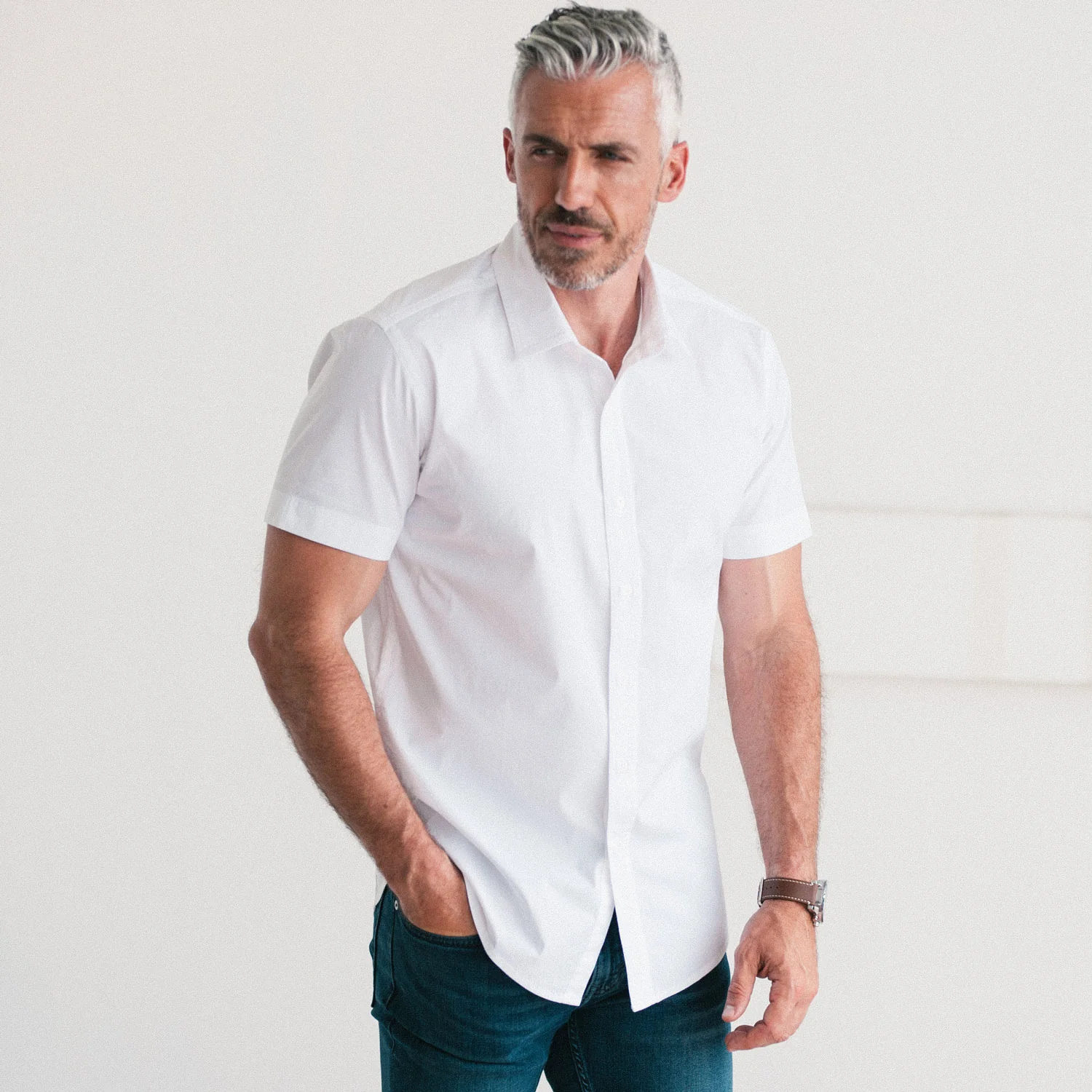 Essential Spread Collar Casual Short Sleeve Shirt - Pure White Stretch Cotton Poplin - Image 4